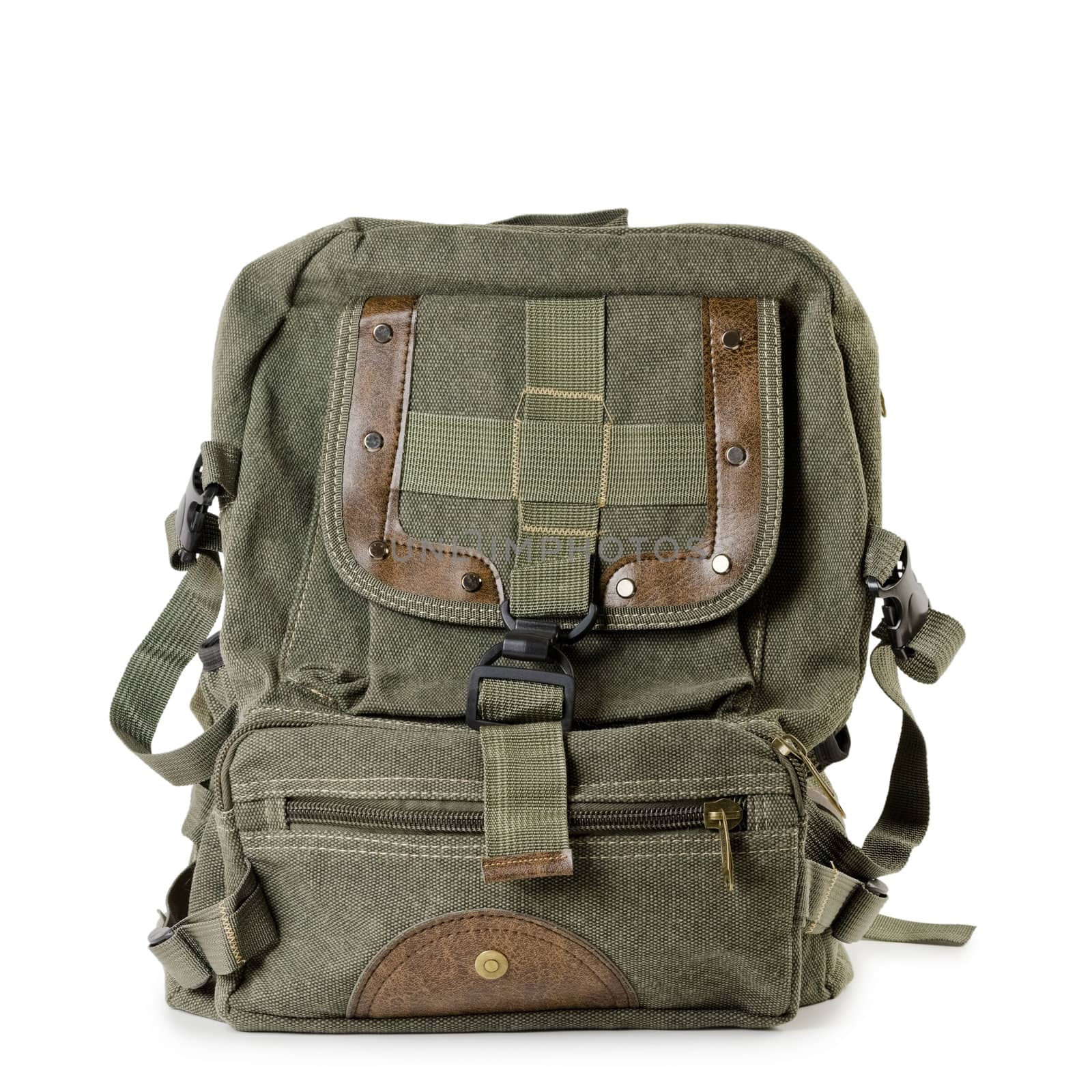 Old tarpaulin backpack over the white background