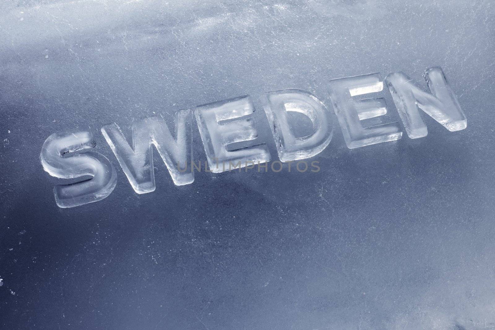 Word Sweden written with letters made of real ice.