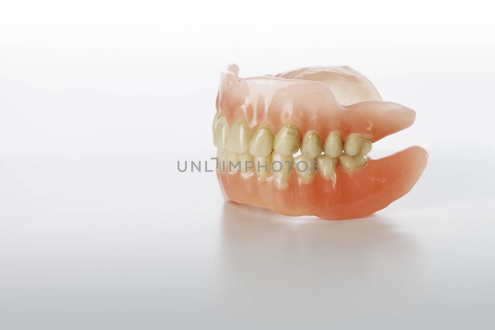Old Stained Dentures on light grey background.
