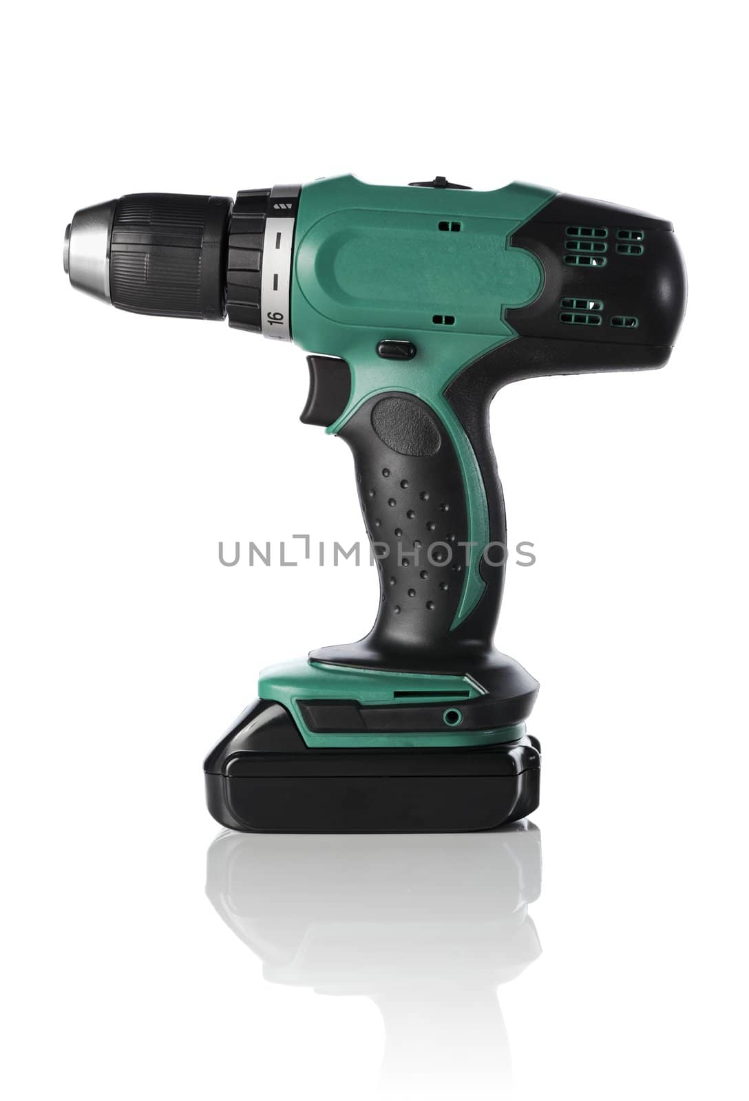 Professional grade battery-powered cordless electric drill.
