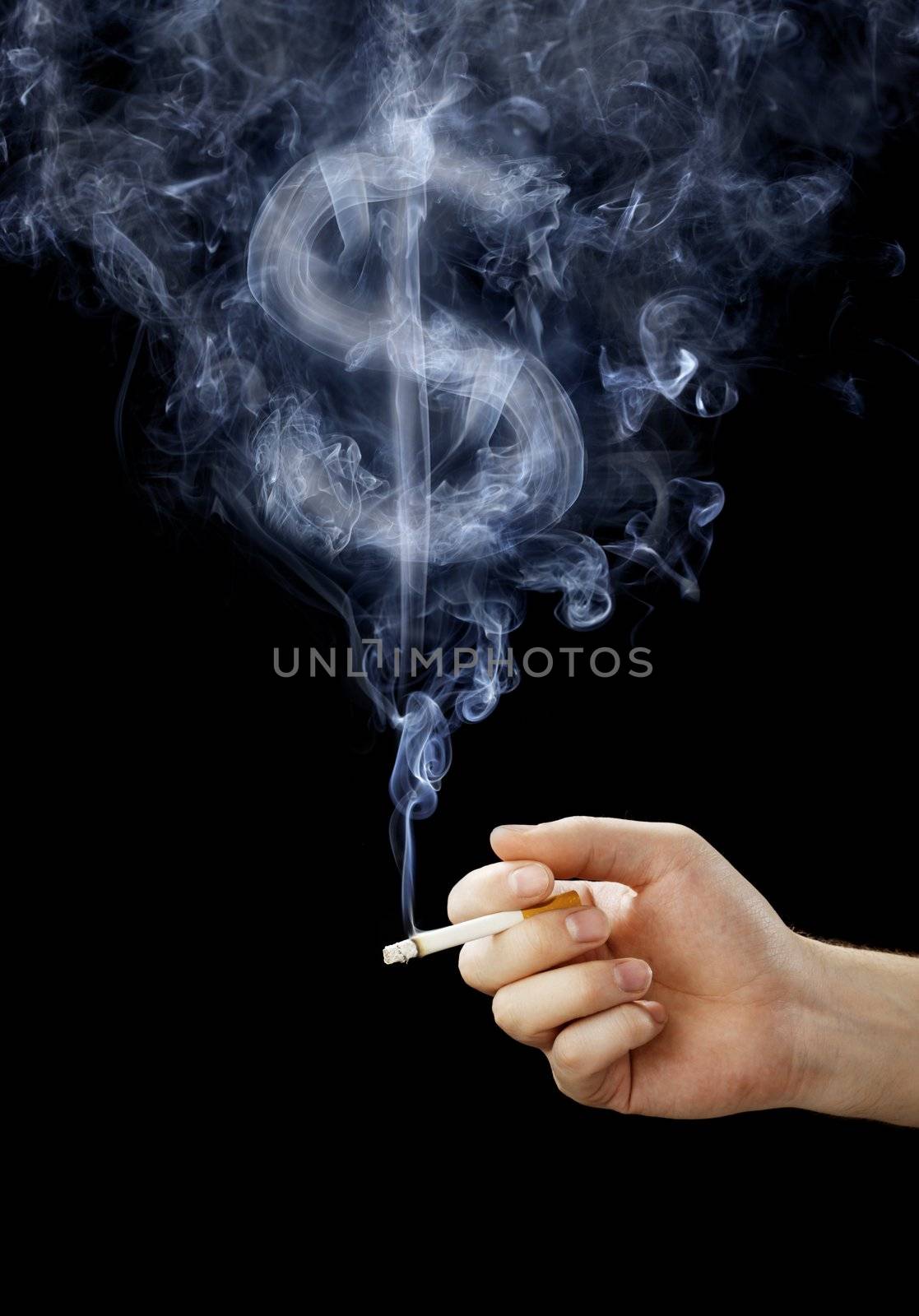 Cigarette with smoke shaped like a dollar sign.