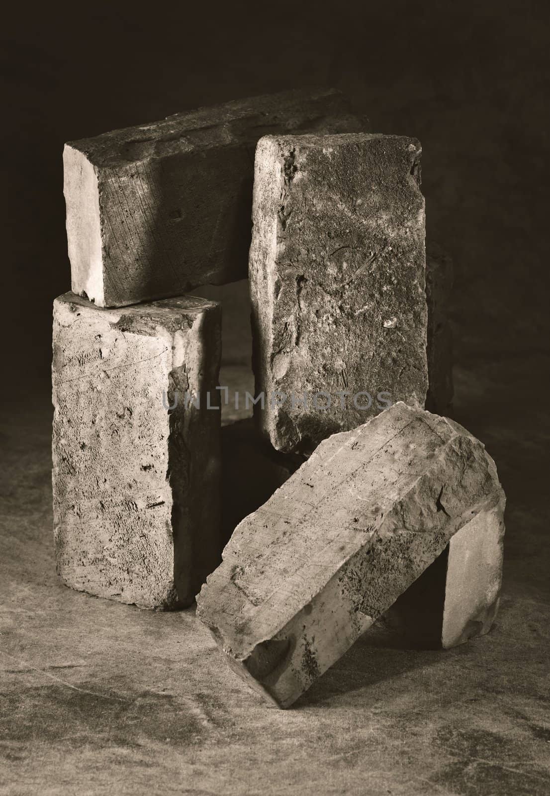 Monochrome sepia image of old bricks still life.