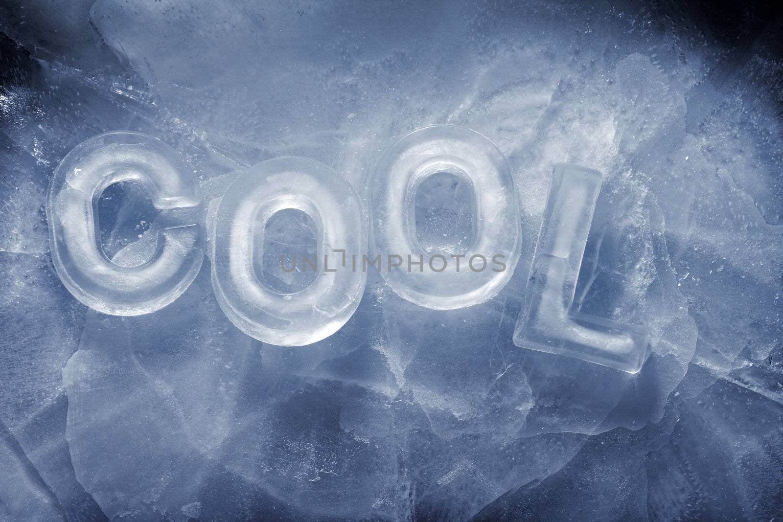 Word "Cool" written with real ice letters.