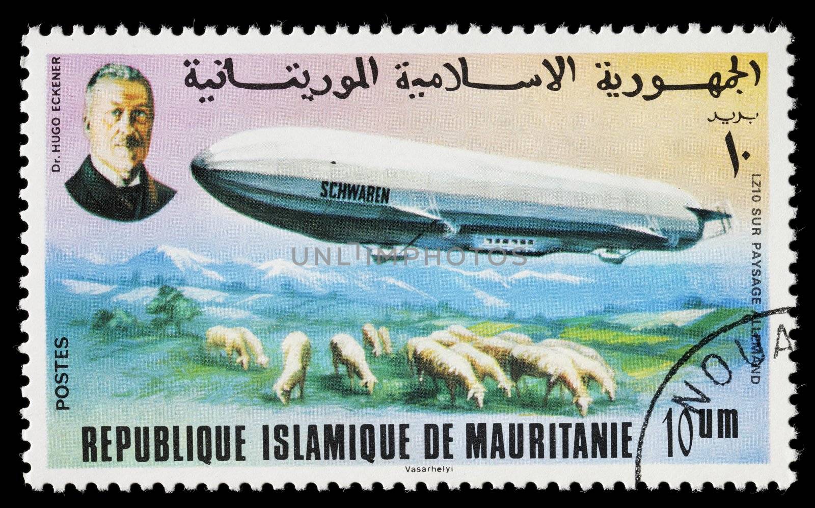 MAURITANIA - CIRCA 1976: Zeppelin stamp from Mauritania. LZ 10 Schwaben was a German rigid airship built by Luftschiffbau Zeppelin in 1911. It is regarded as the first commercially successful passenger-carrying aircraft. Circa 1976 in Mauritania