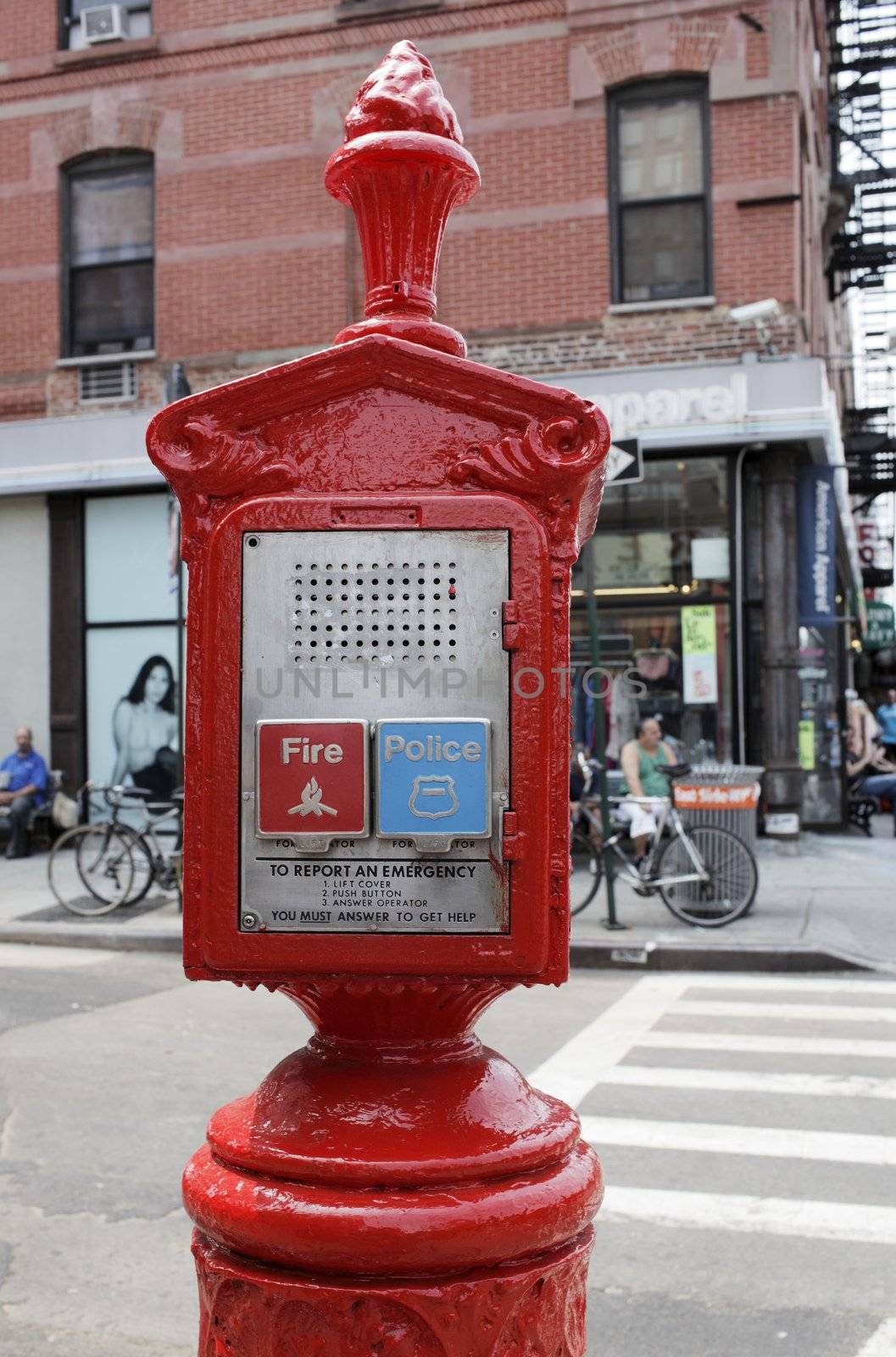 NEW YORK CITY, USA - JUNE 11: Emergency Reporting System (E.R.S.) box that is equipped with buttons to notify either the F.D.N.Y. or the N.Y.P.D. June 11, 2012 in New York City, USA