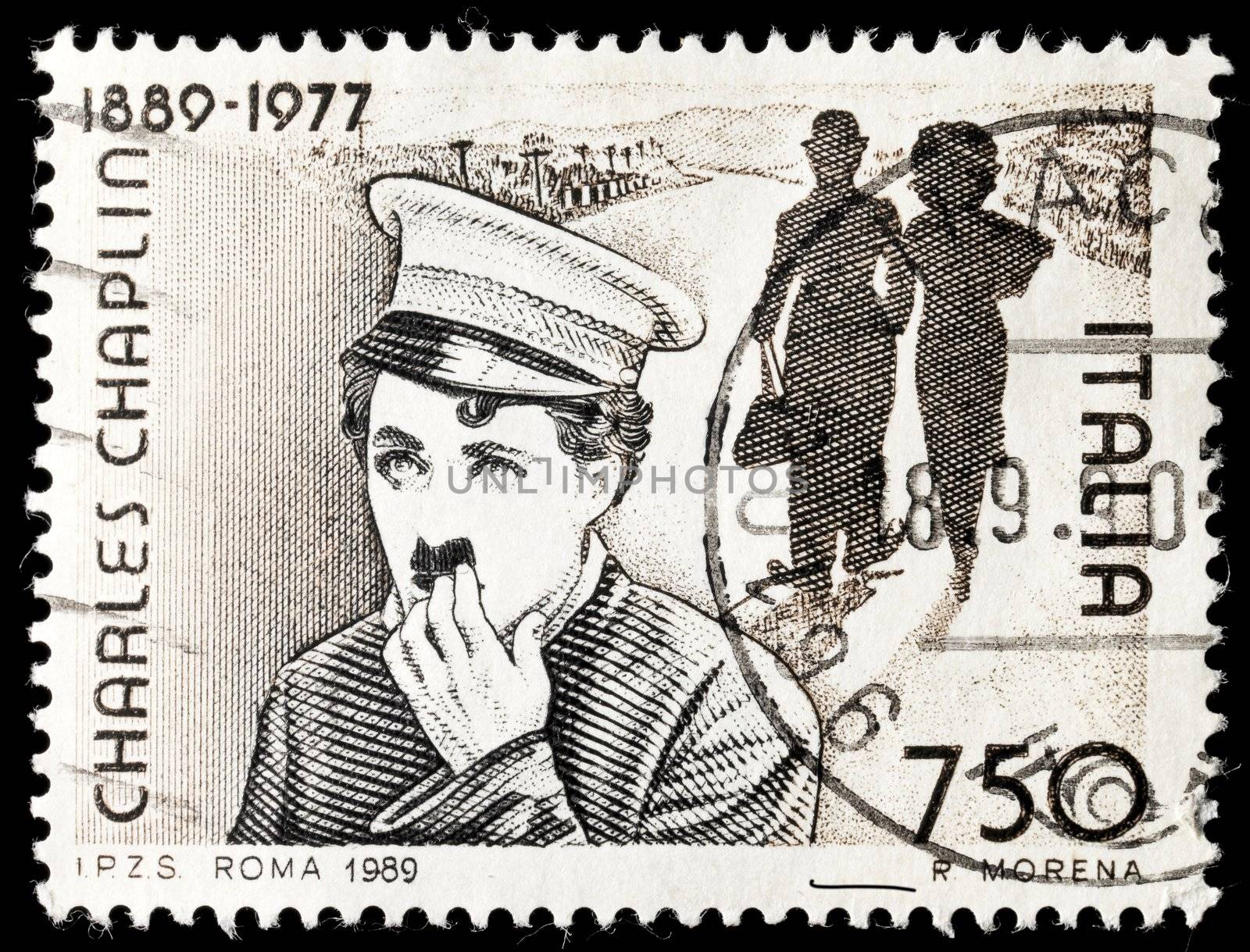 ITALY - CIRCA 1989: Commemorative stamp celebrating 100 years from the birth of Chares Chaplin circa 1989 in Italy