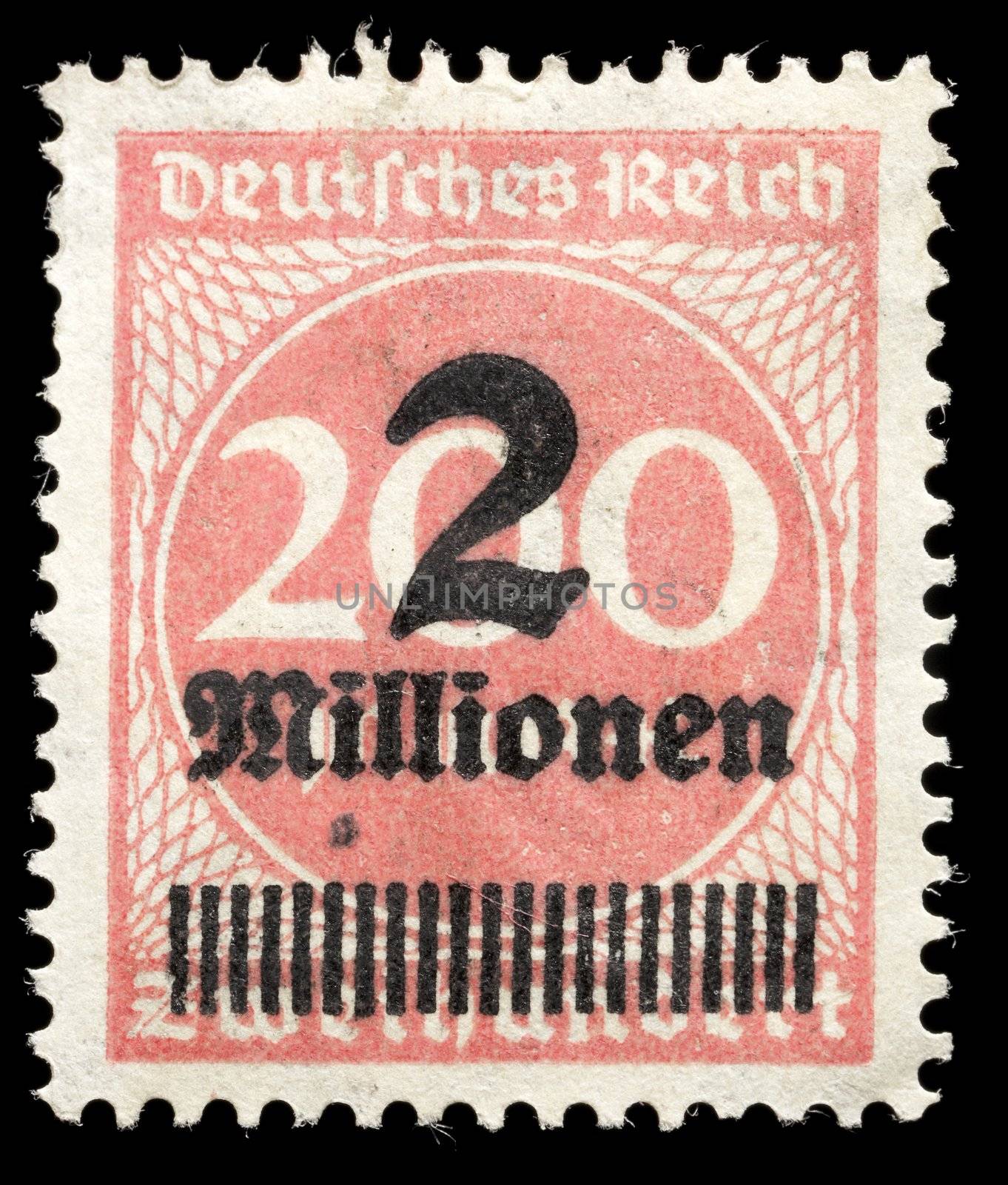 GERMANY - CIRCA 1923: A Sign of hyperinflation. German stamp with overprint "2 millions". circa 1923 in Germany
