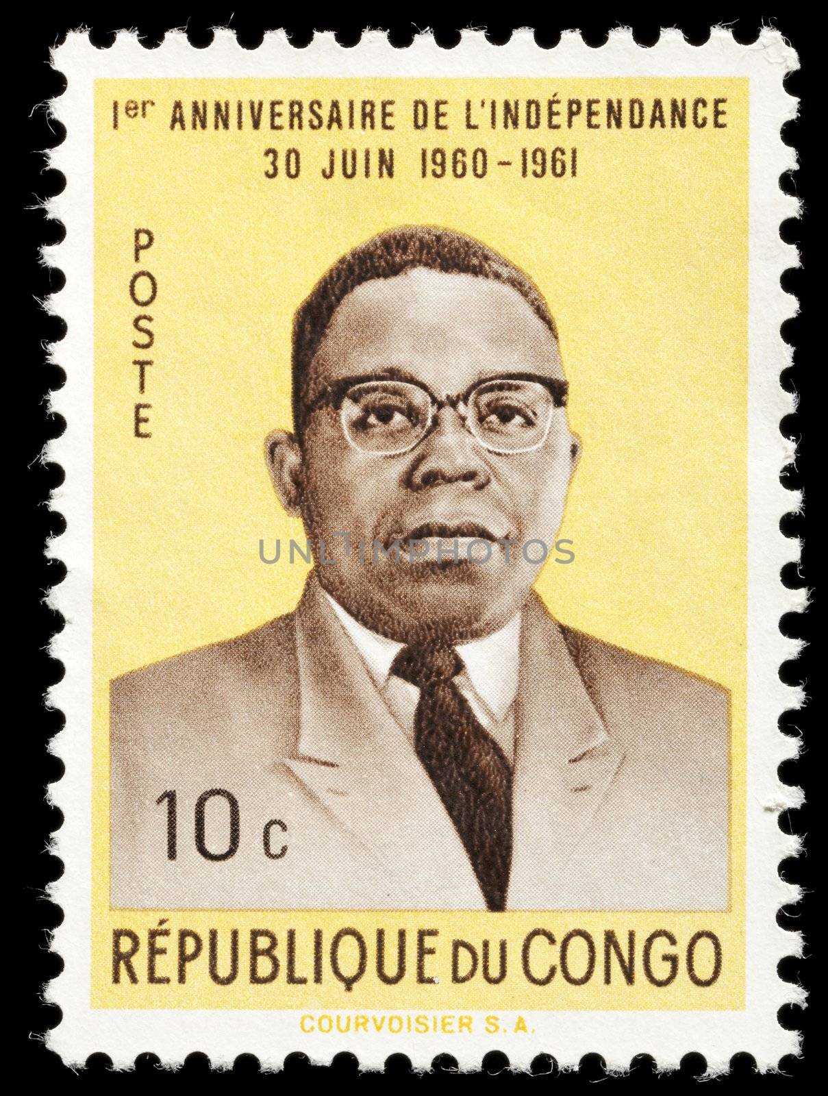 CONGO - CIRCA 1961: Commemorative stamp celebrating the first year of independence. President Joseph Kasa-Vubu circa 1961 in Congo