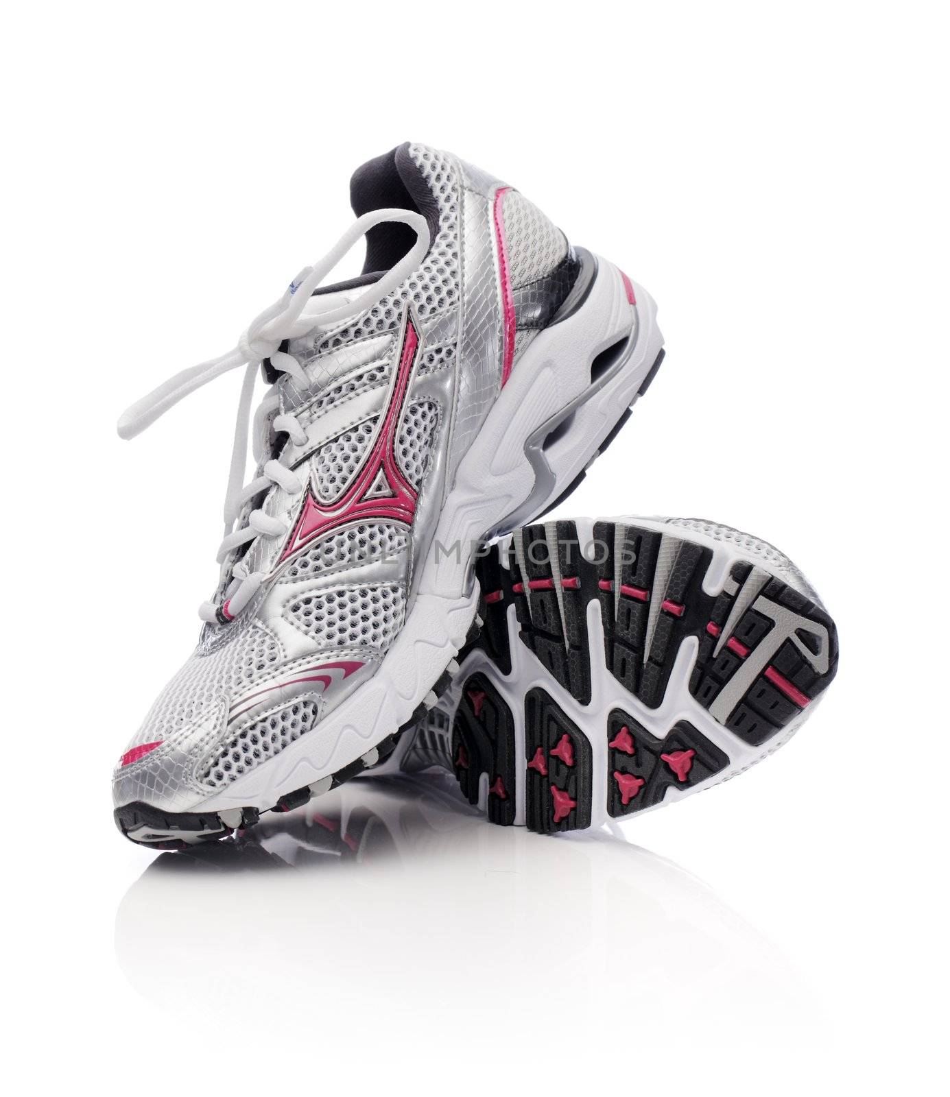 Finland - April 18, 2011: New women's Mizuno brand athletic shoes designed for running. 