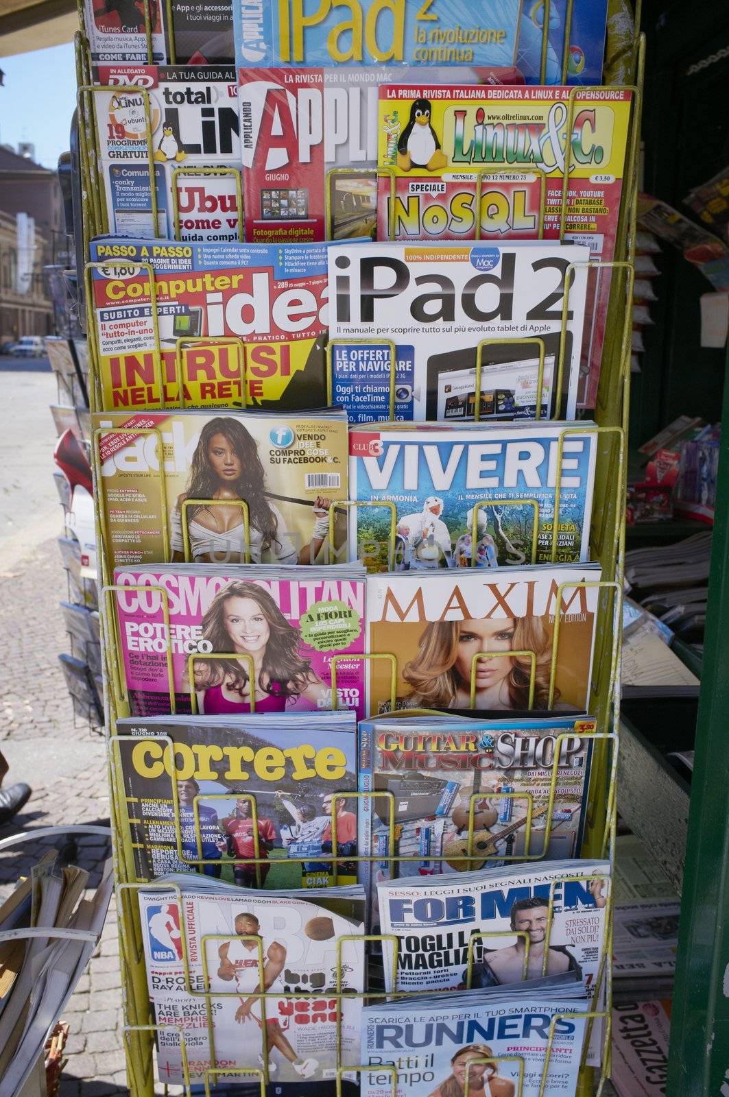 Milan, Lombardy, Italy - May 28: Various Italian magazines for sale. May 28, 2011 in Milan, Lombardy, Italy