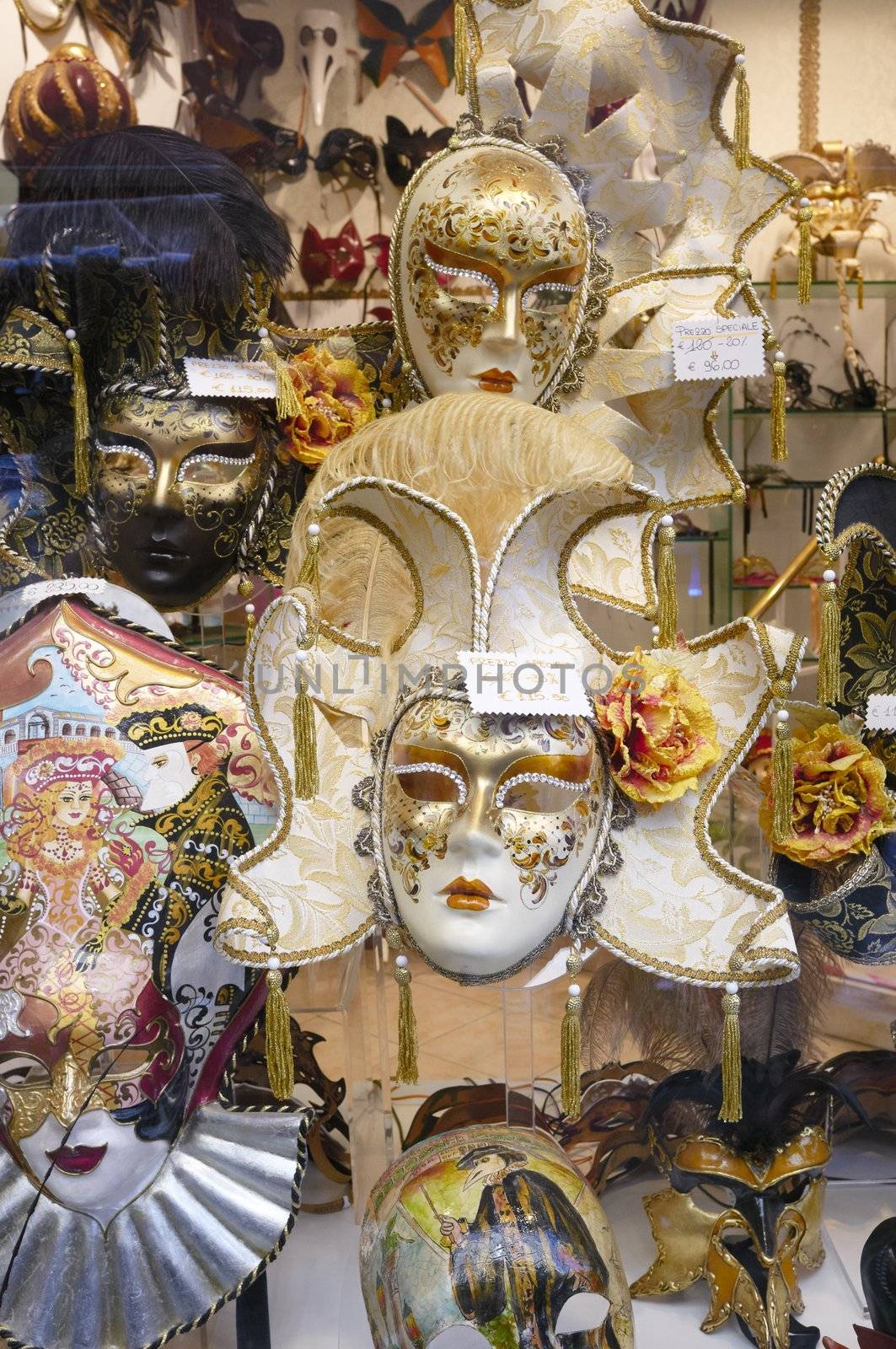 VENICE, VENETO, ITALY - MAY 24, 2011: Venetian masks for sale in a shop window in Venice. May 24, 2011 in Venice, Veneto, Italy