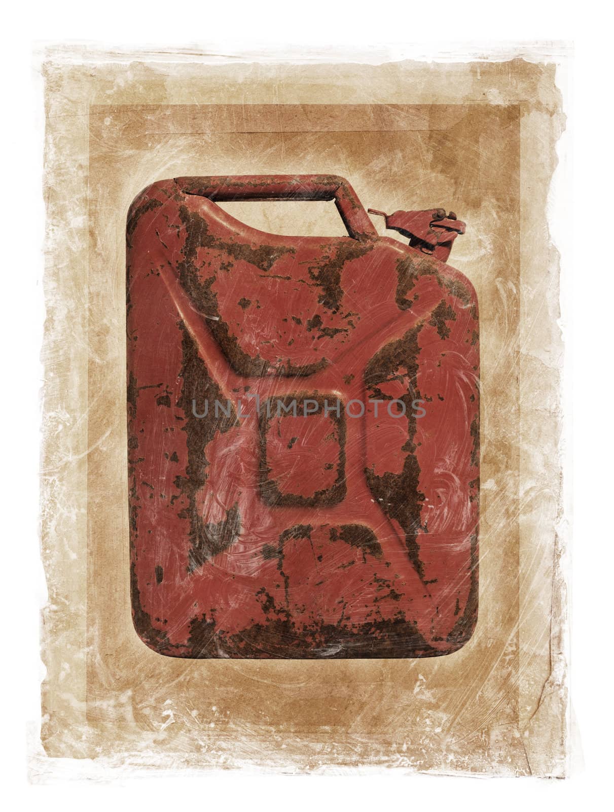 Grunge dirty photomanipulation of a jerry can fuel container.