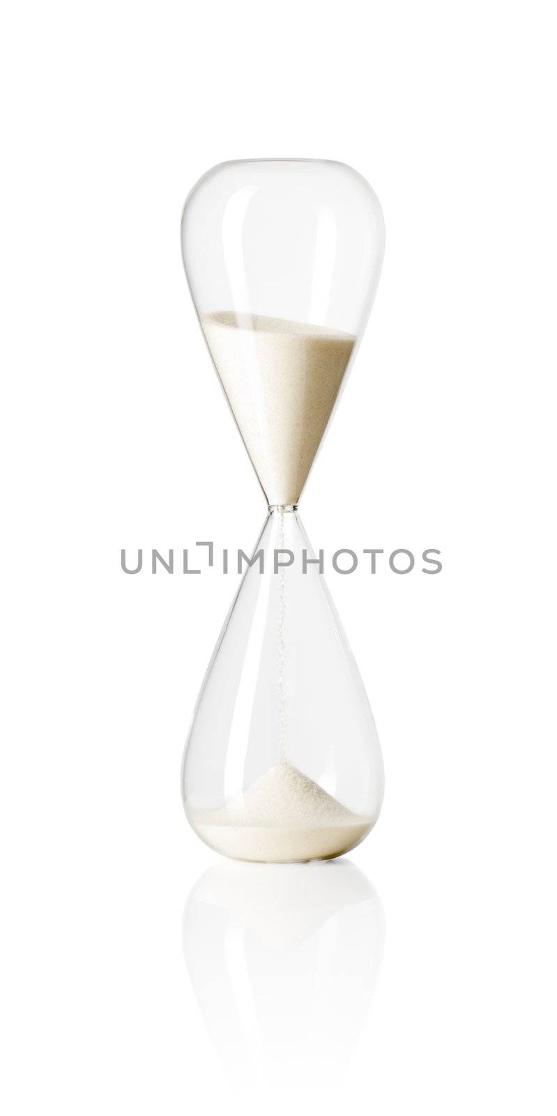 Hourglass isolated on white reflective background.