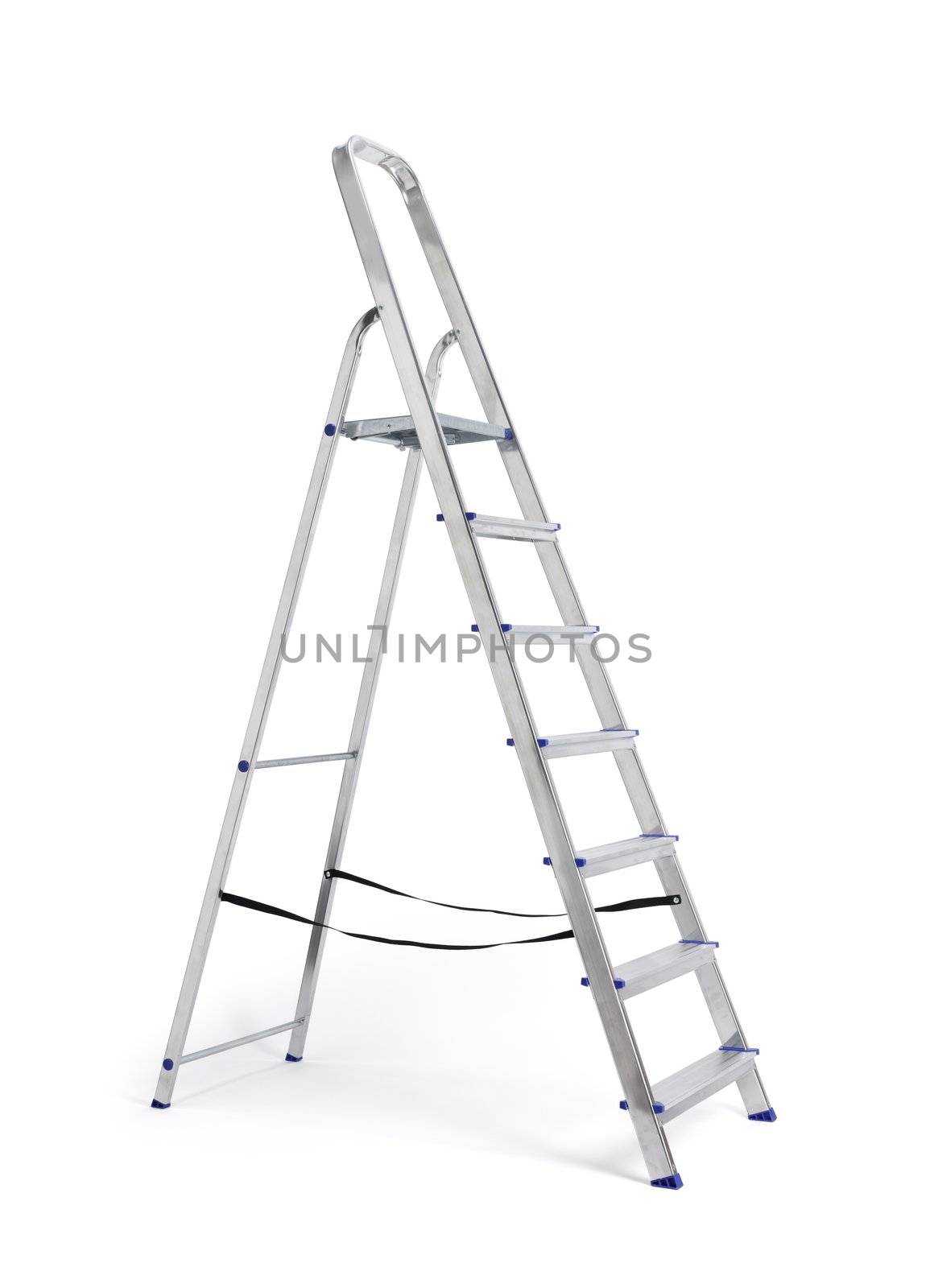 A new metallic step ladder isolated on white with natural shadows.