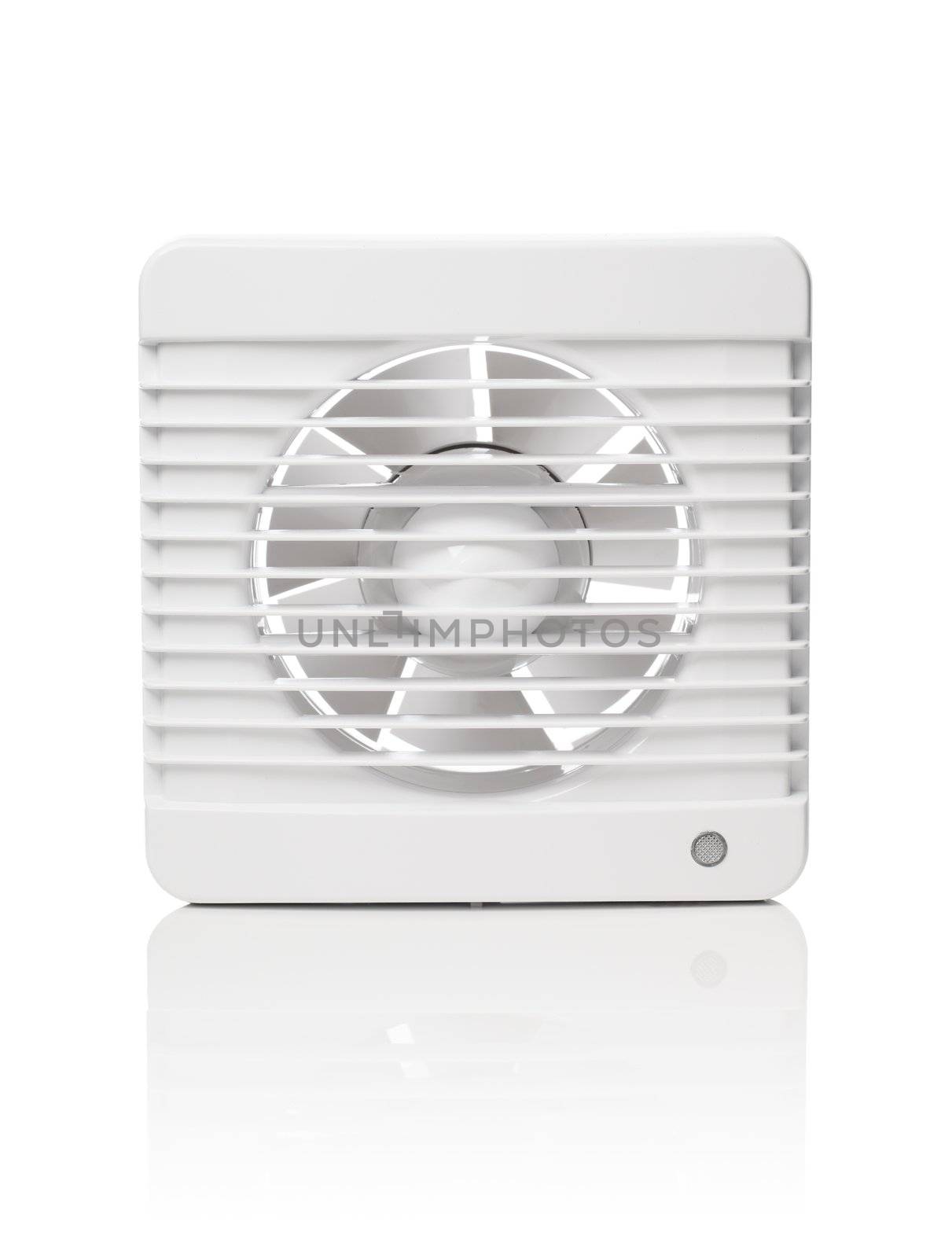 A white bathroom exhaust ventilation fan on reflective background