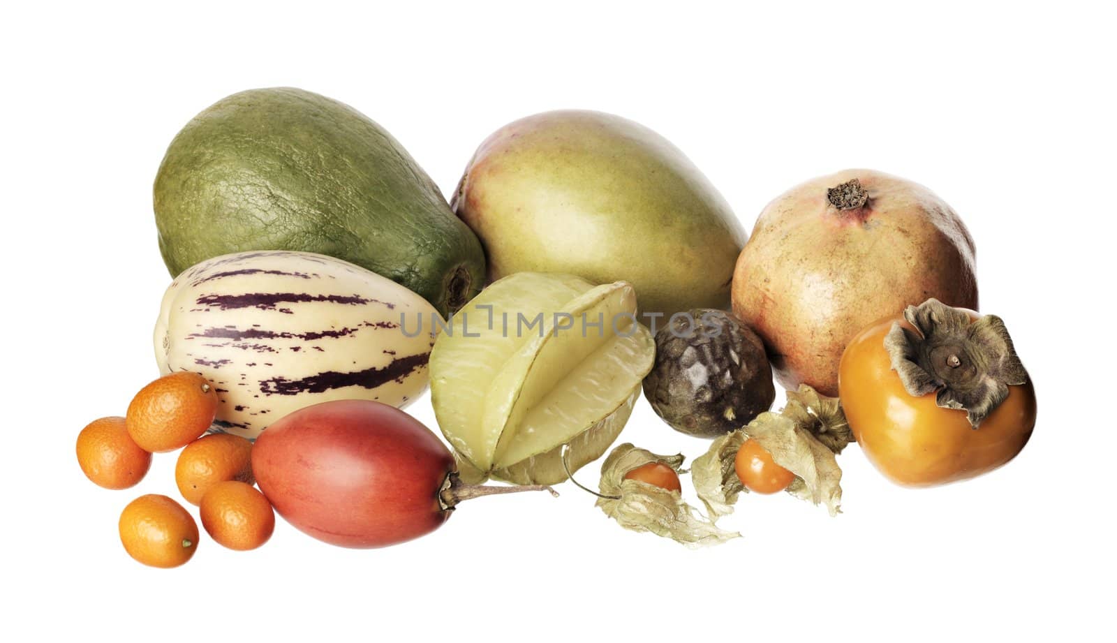 Various exotic fruit isolated on white. Papaya, mango, pomegranate, pepino, carambola, passion fruit, sharon/kaki/persimmon, kumquat, tamarillo, physalis