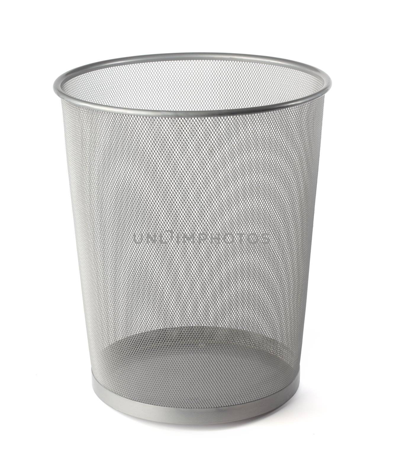 Empty grey metallic mesh waste basket on white