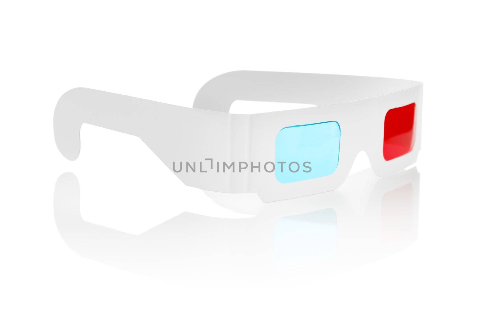 Disposable cheap cardboard 3D glasses with red and cyan lenses isolated on white.