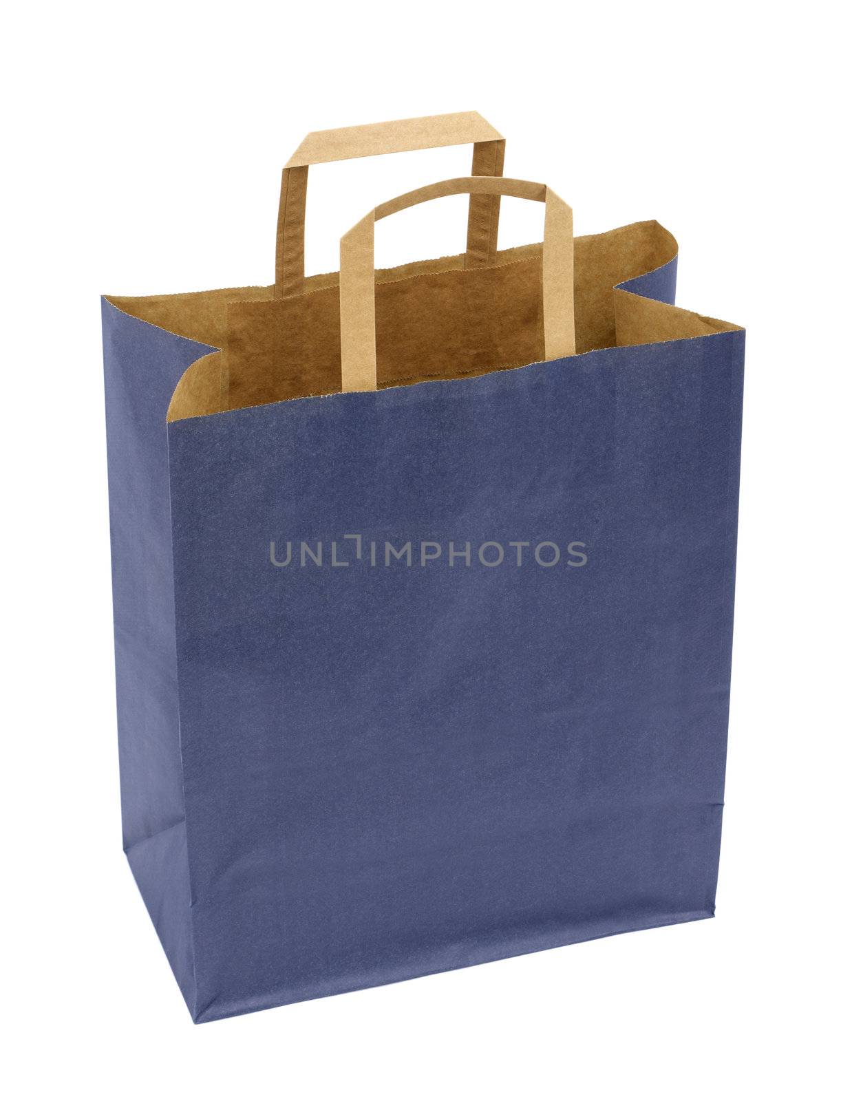 A blue paper bag isolated on white. NOTE: the bag may appear grainy, but that is how the paper looks.