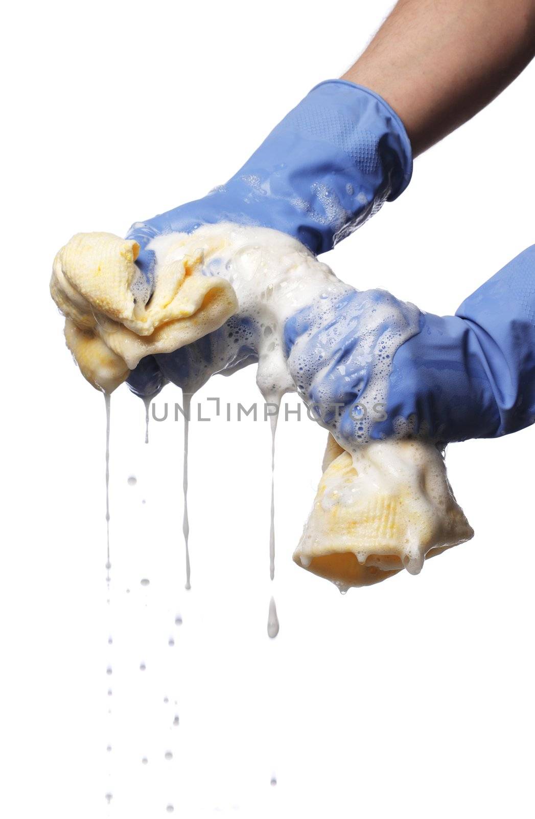 Man twisting a soapy cleaning cloth