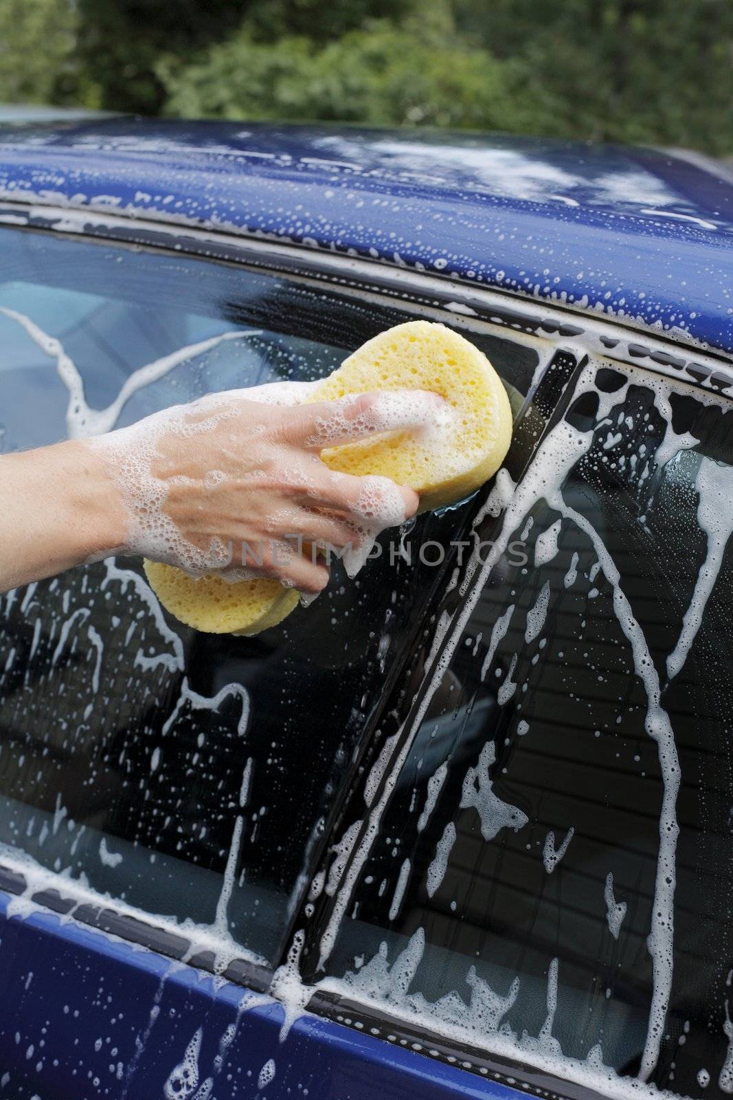 Man washing car with a soapy sponge.