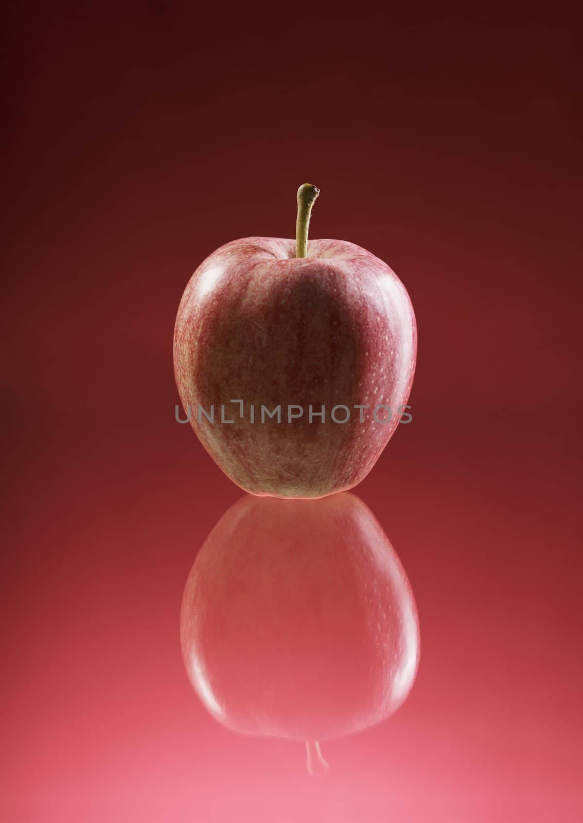 Red apple on reflective background