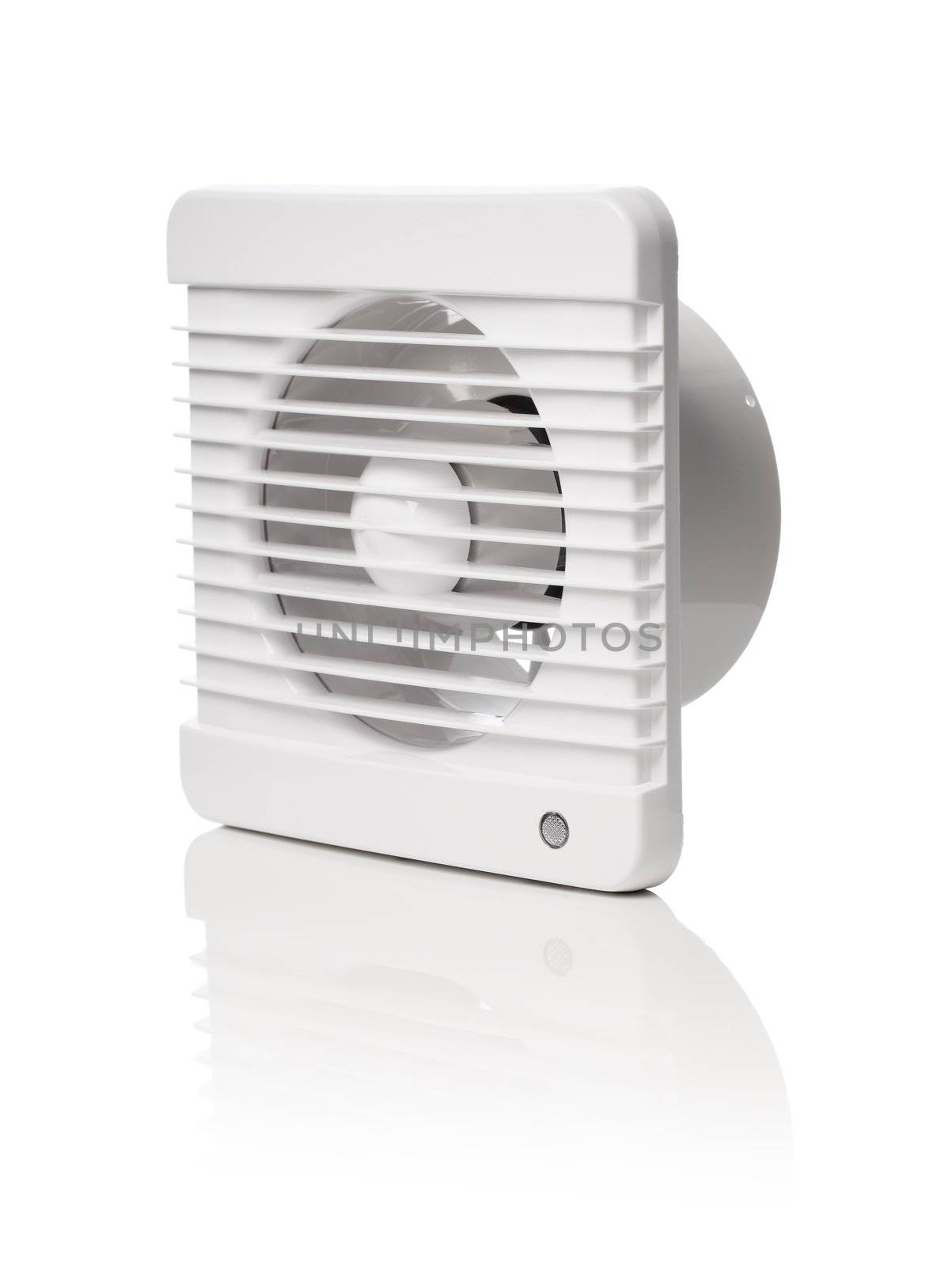 A white bathroom exhaust ventilation fan on reflective background