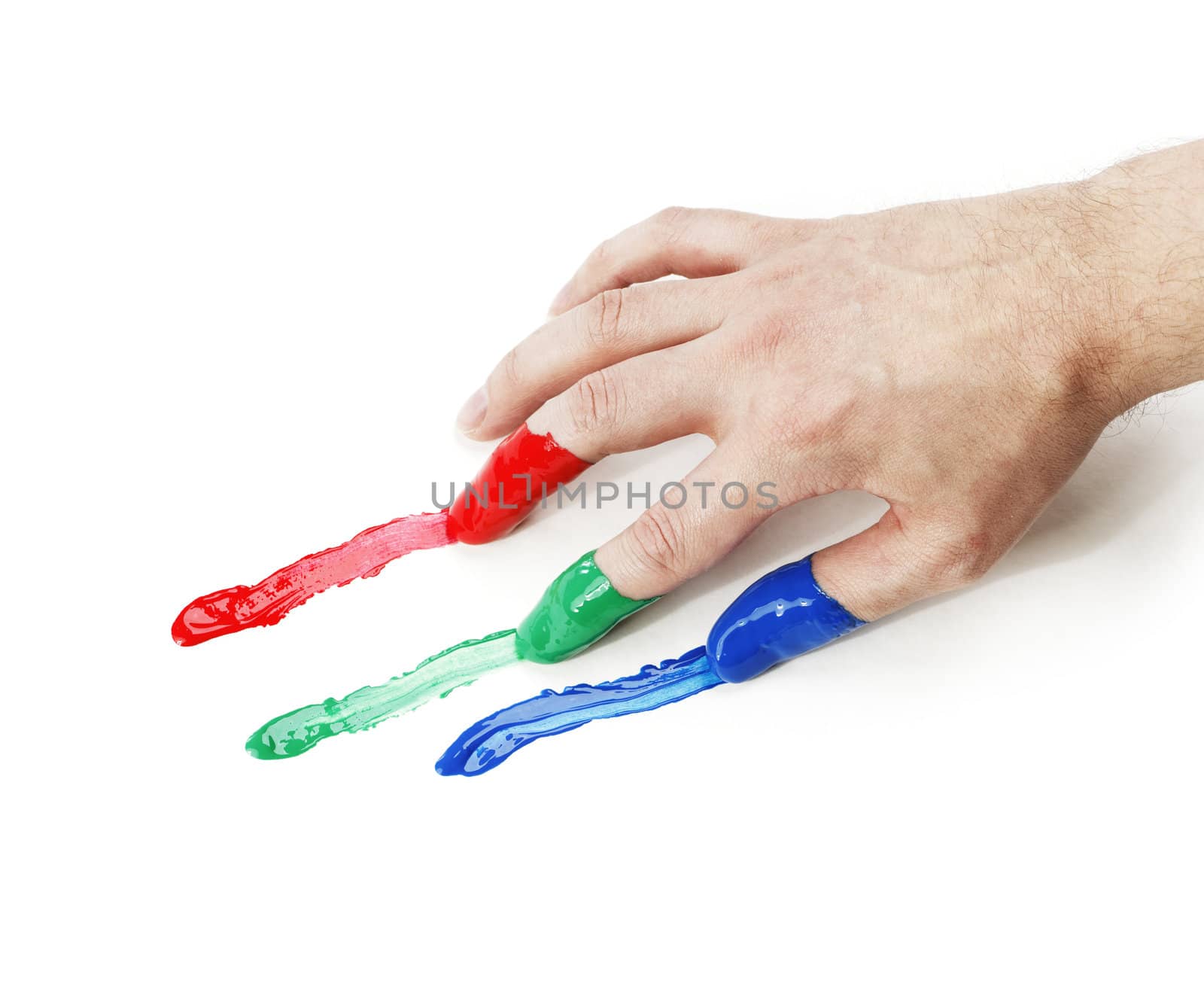 Hand with red, green and blue fingerpaints