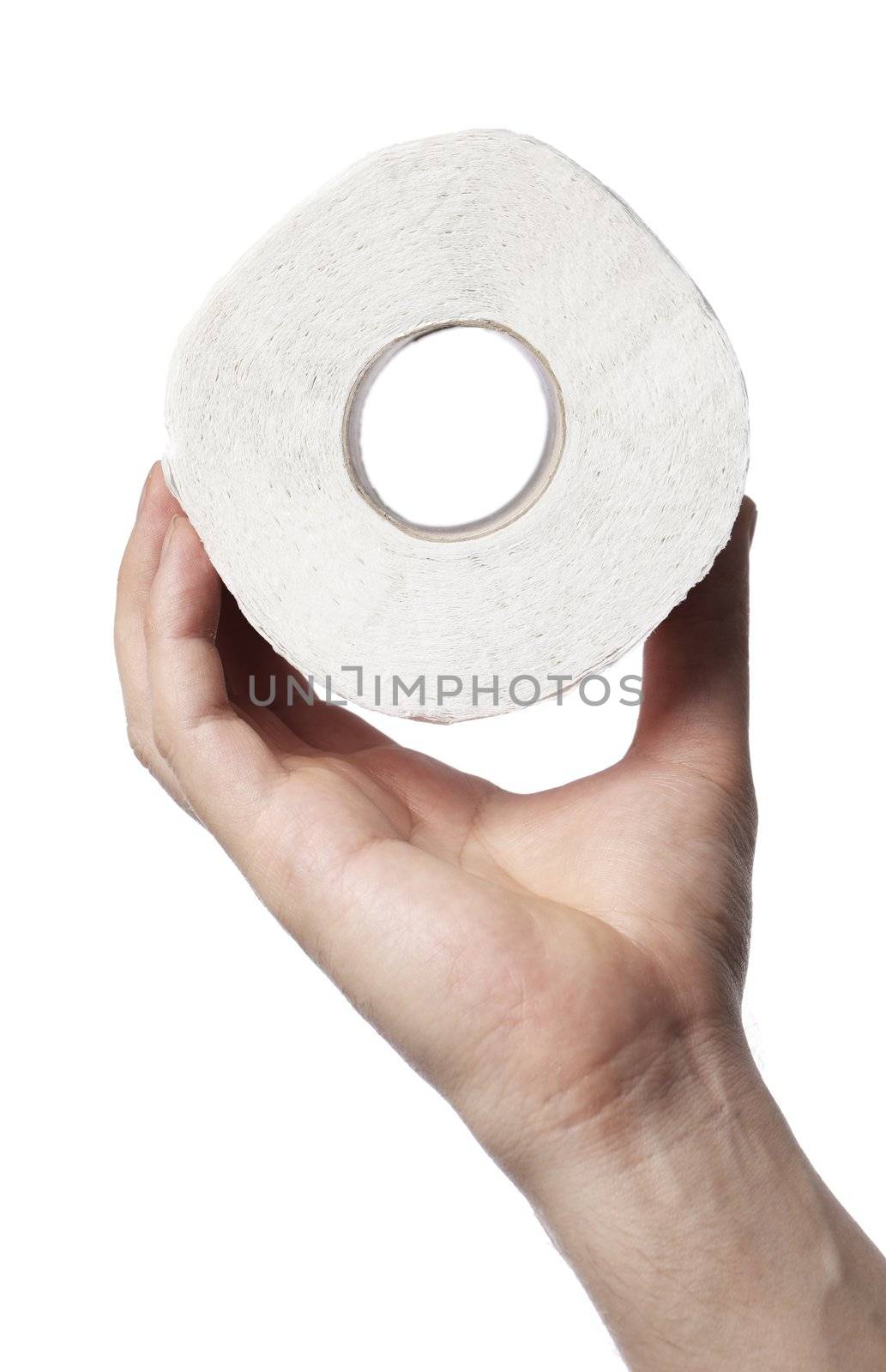 Man holding a roll of white toilet paper in his hand
