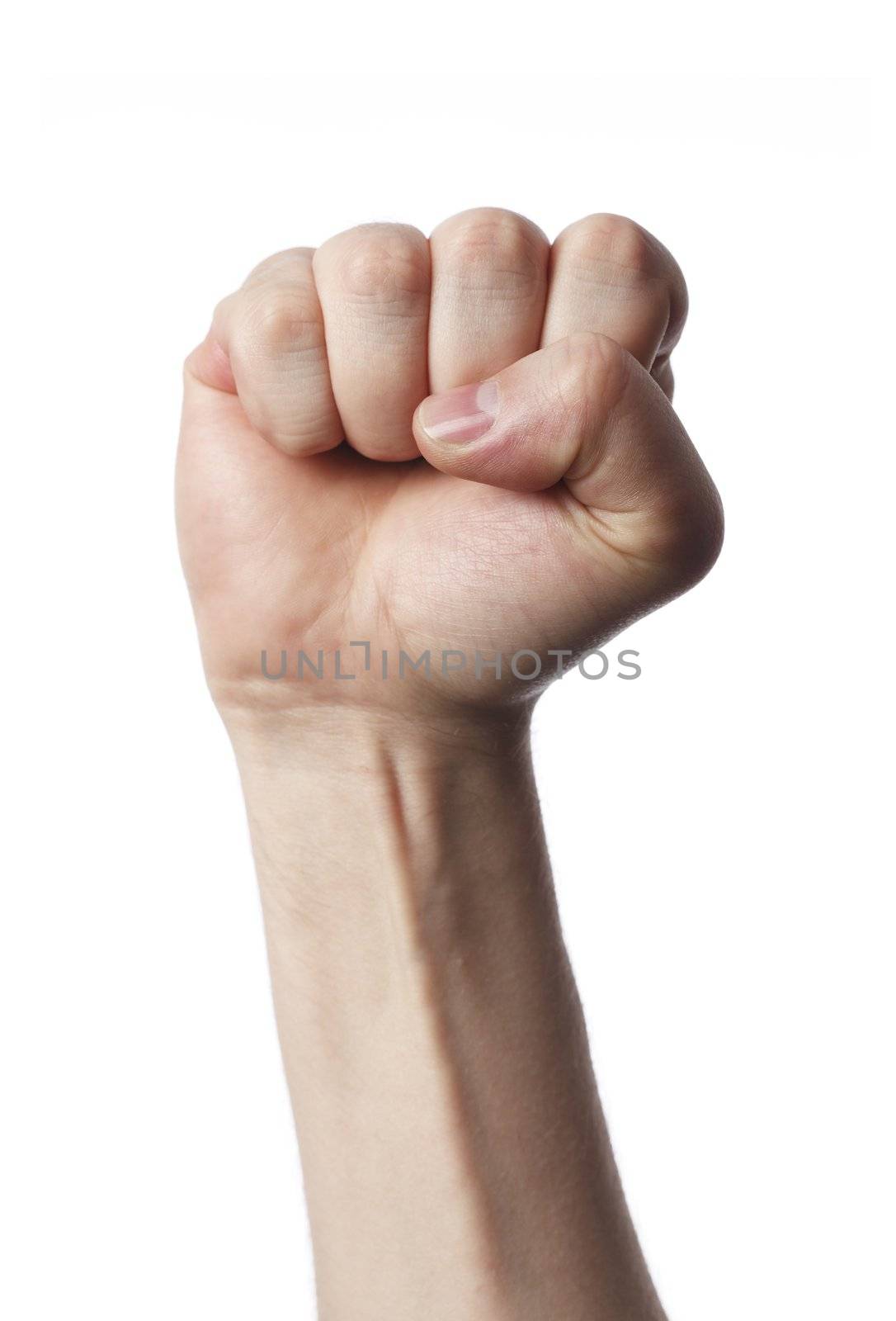 Fist of a man against white background.