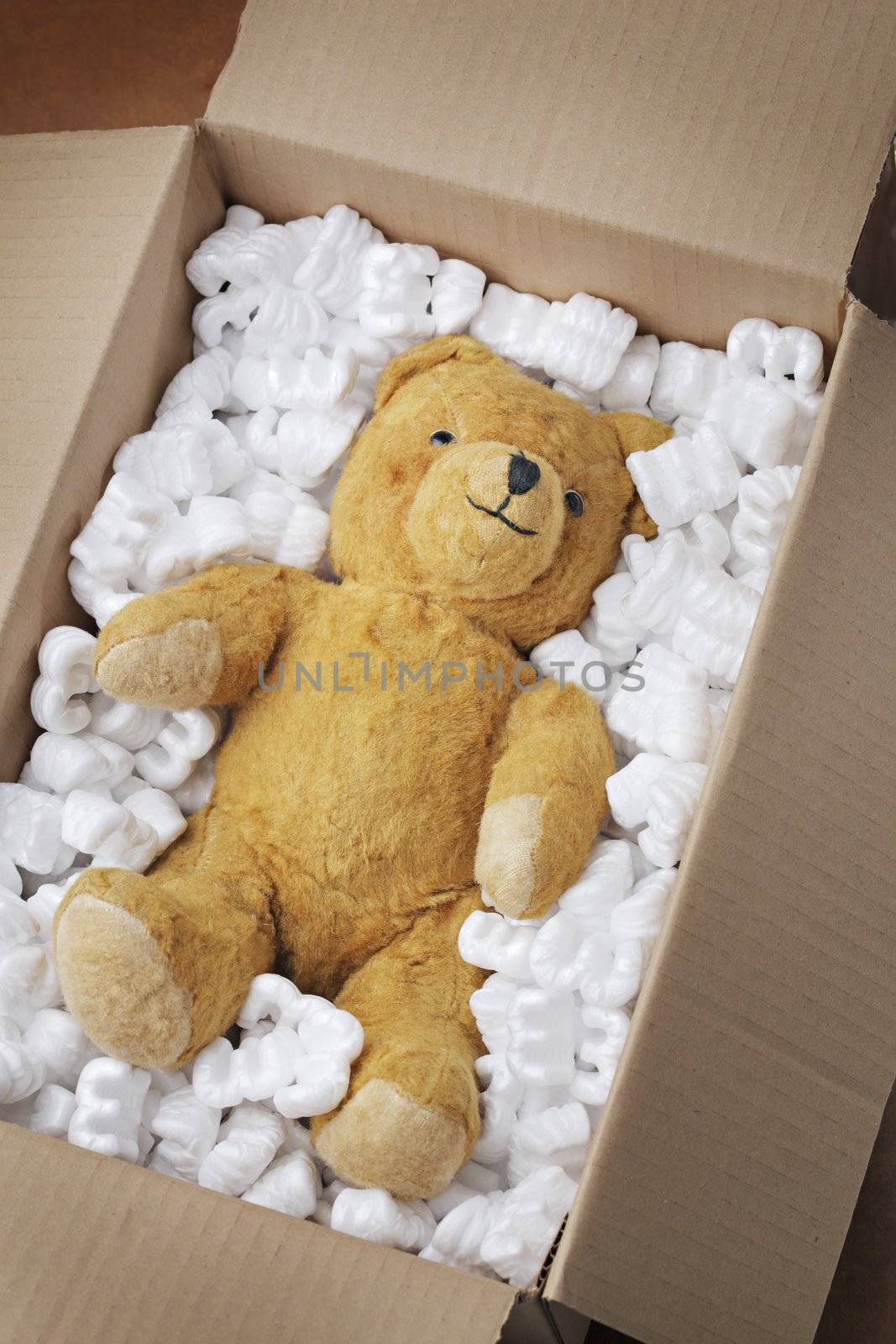 Vintage teddy bear safely in a cardboard box.