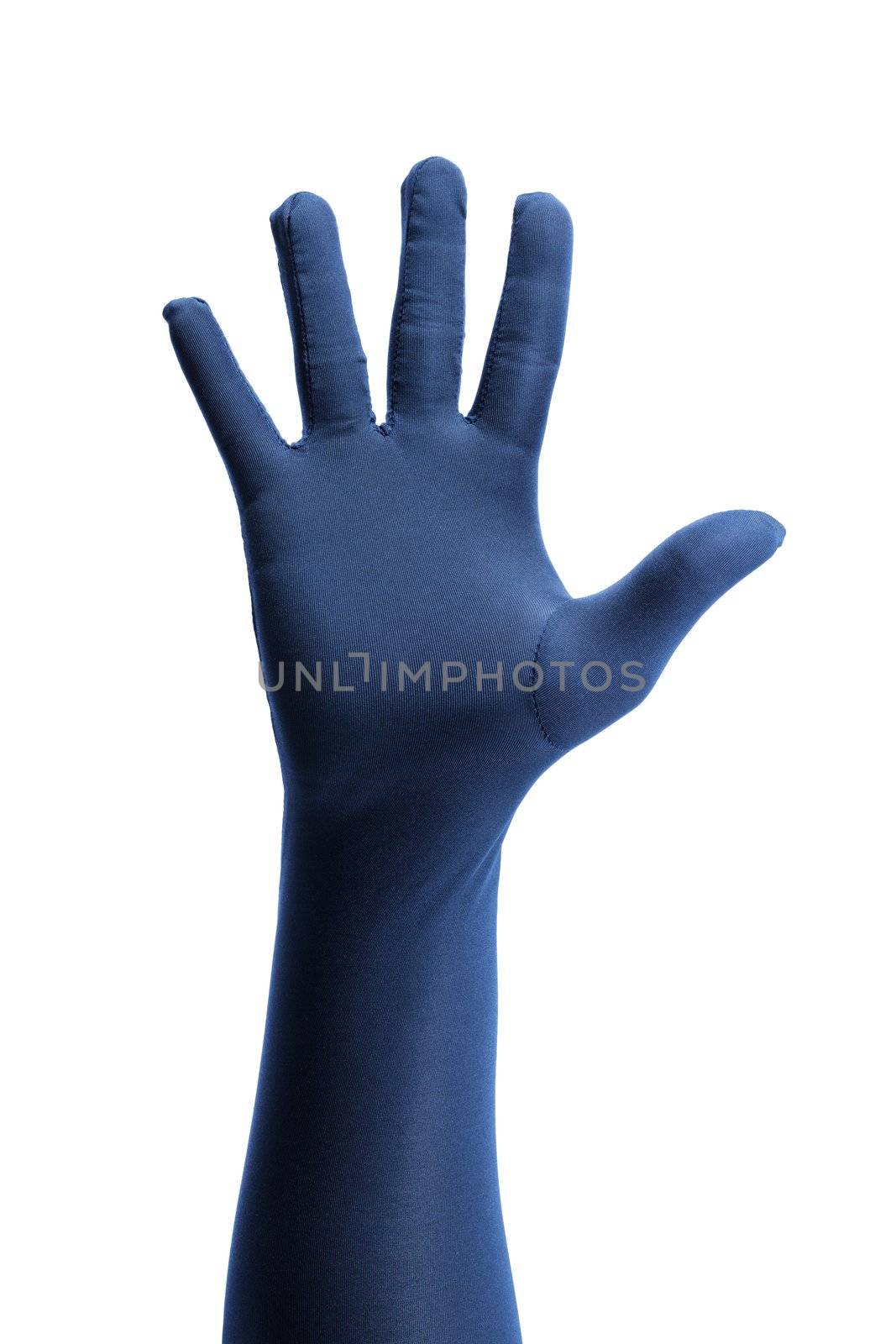 A Hand wearing blue glove over white background