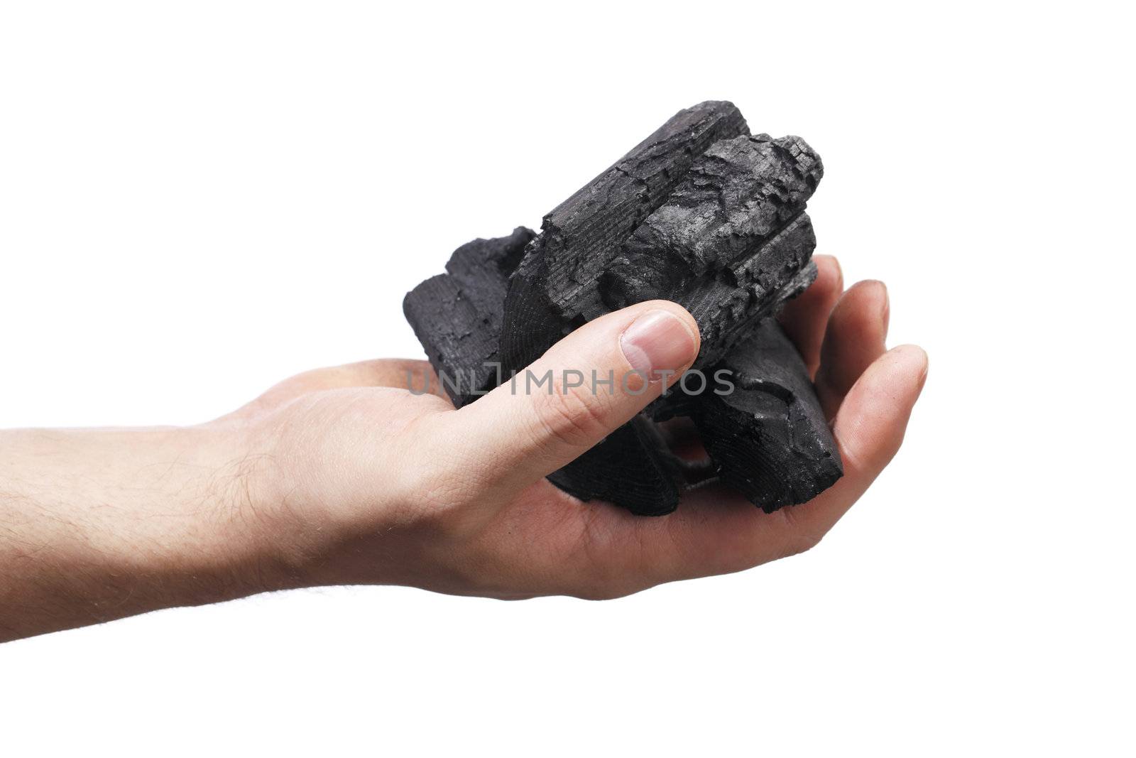 Man holding lumps of charcoal in his hand