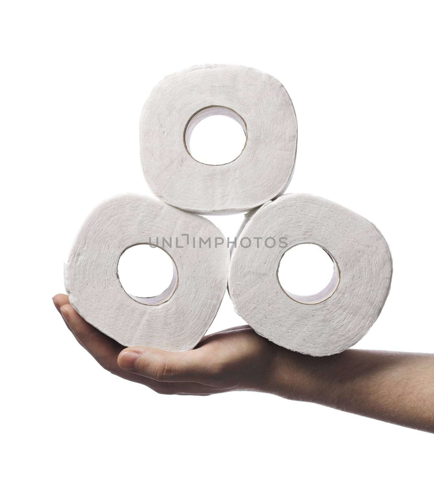 Man holding three rolls of toiler paper on his hand