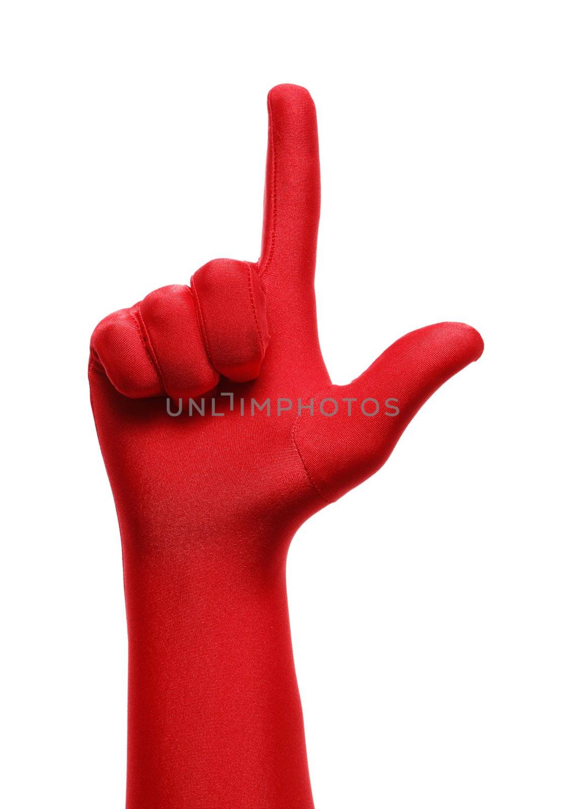 Strange hand with red glove pointing with a finger