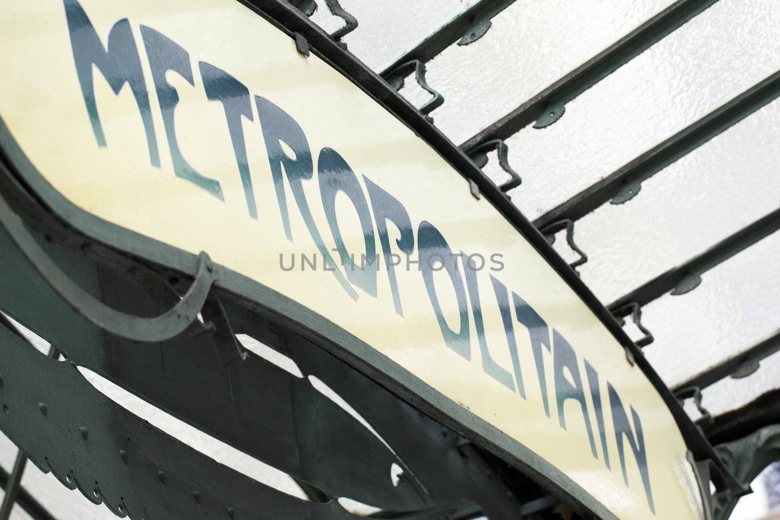 Old Art Nouveau sign for Paris Metropolitain rapid transit metro system.