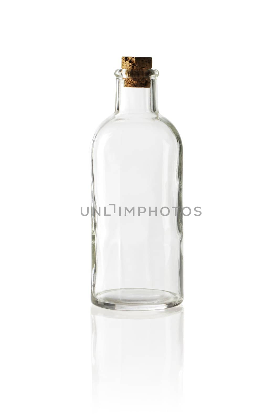 Old fashioned glass bottle with cork stopper.