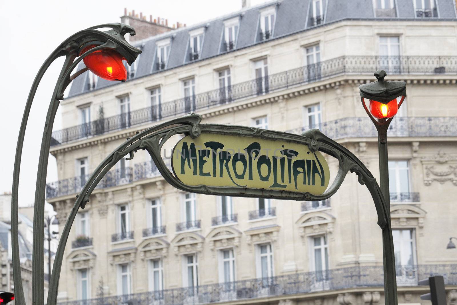 Old Art Nouveau sign for Paris Metropolitain rapid transit metro system.