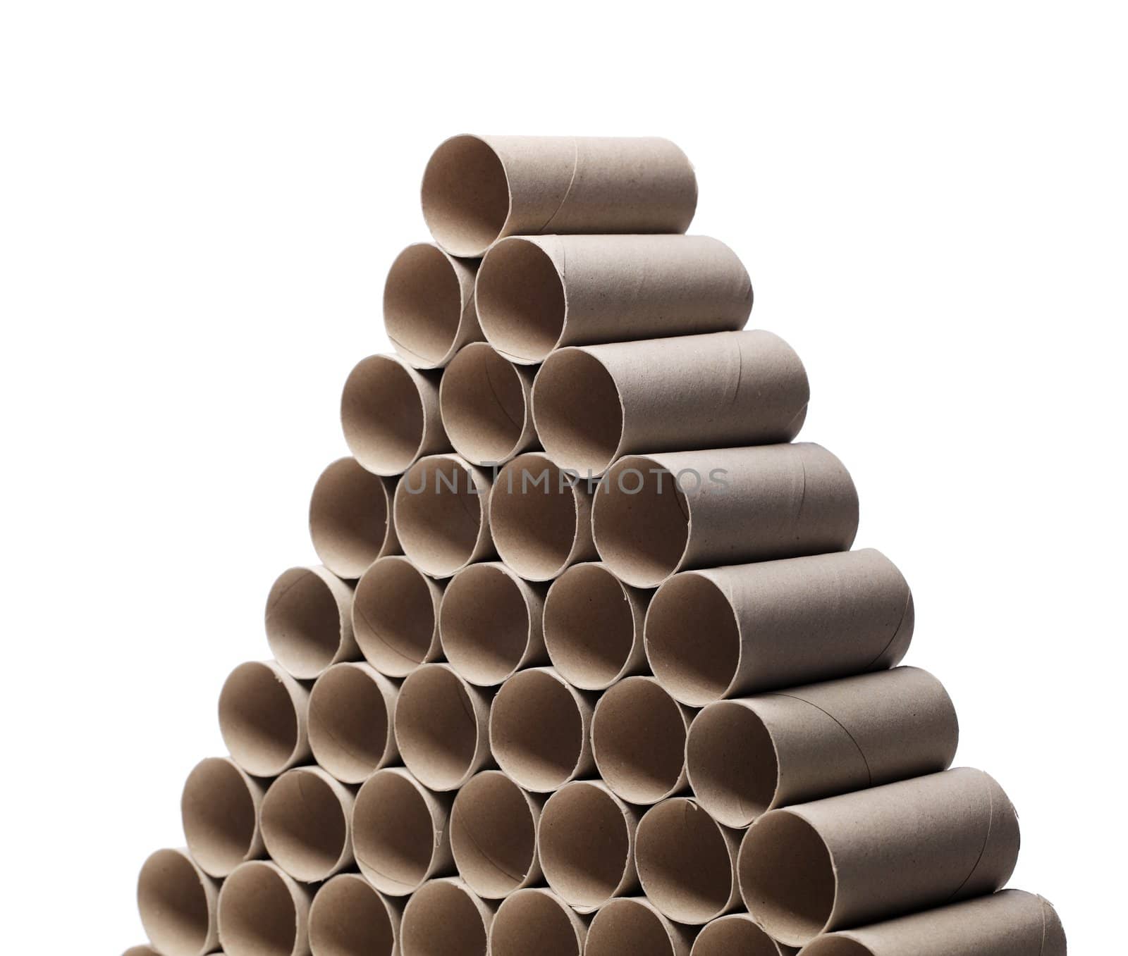 Empty toilet paper rolls stacked as a pyramid.