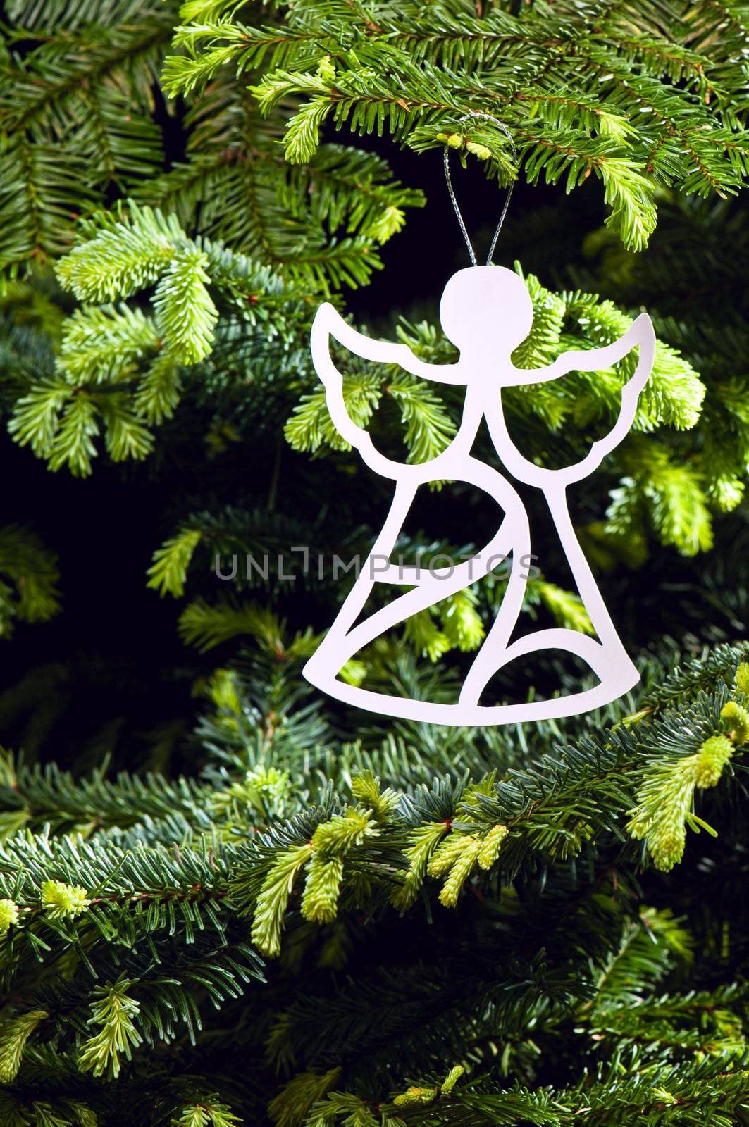 Angel shape Christmas ornament in fresh green Christmas tree