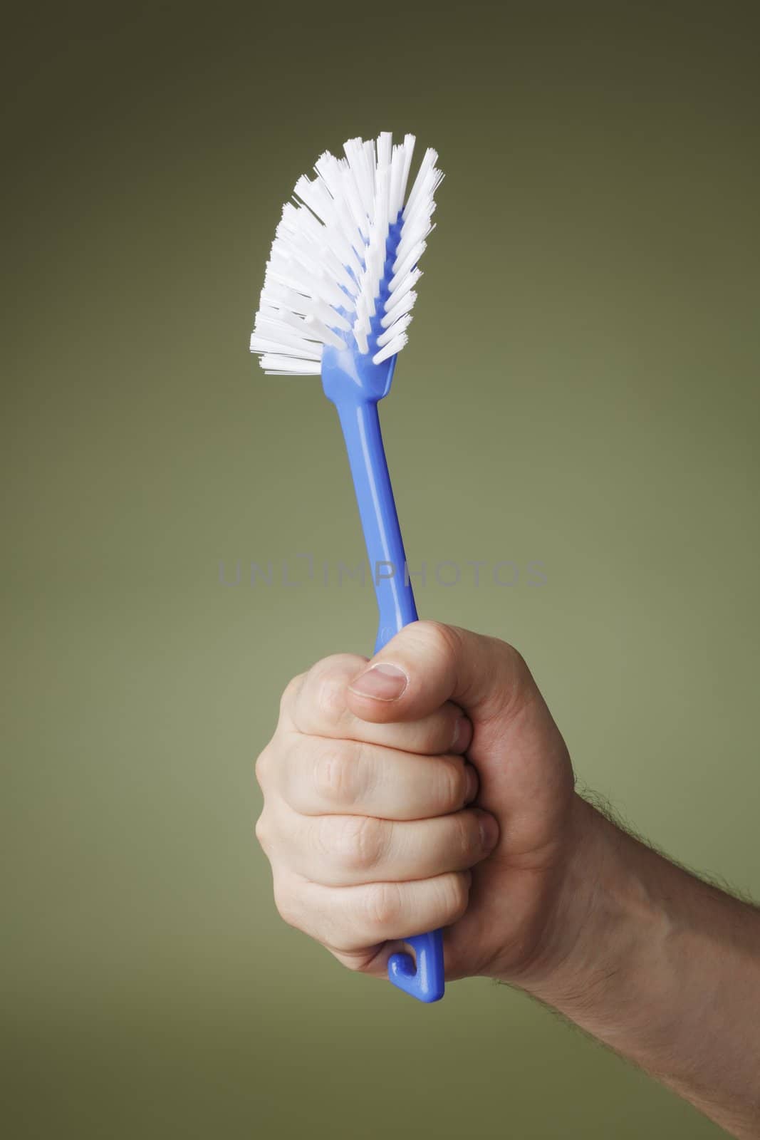 A Hand holding a dish brush