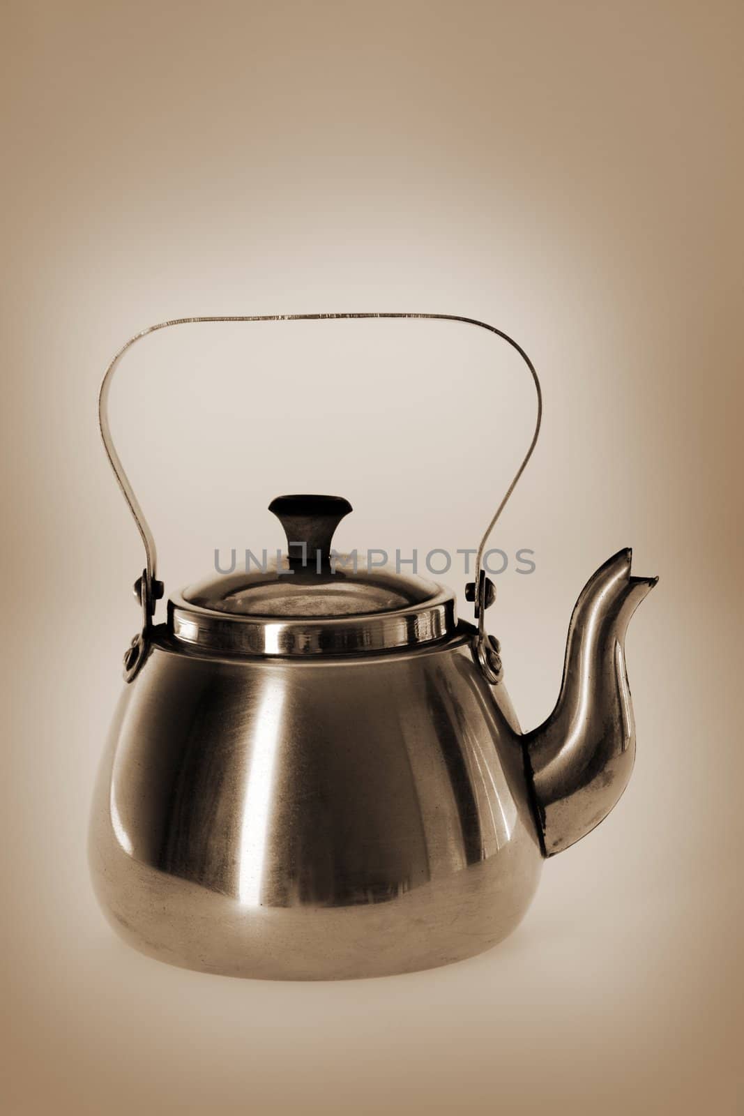 Old metallic coffee pot, sepia toned