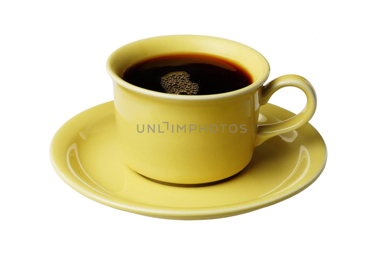 Yellow cup of black coffee isolated on white