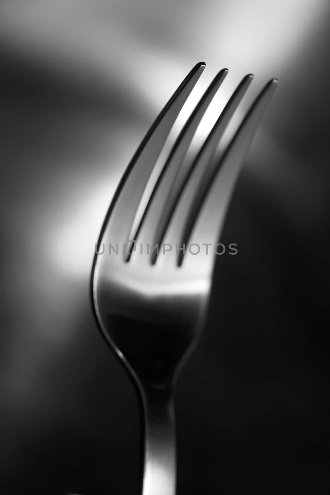 Black and white image of a fork. Very shallow depth-of field, sharpness only in the closest pin.