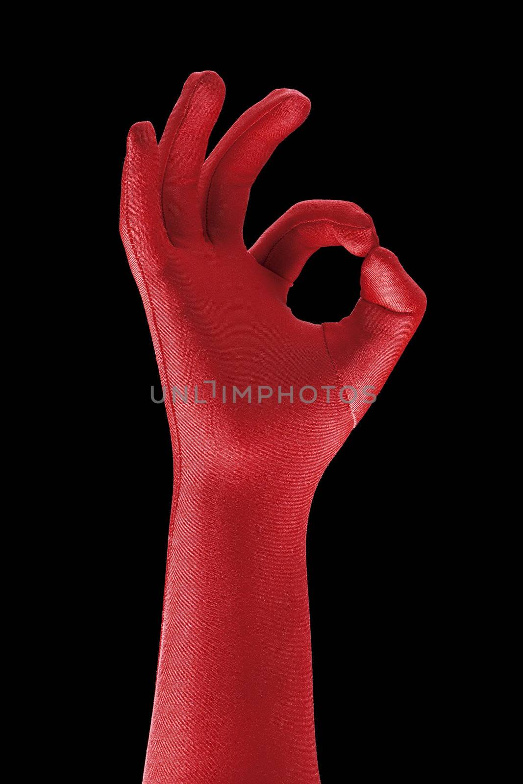 a strange red gloved hand doing OK sign