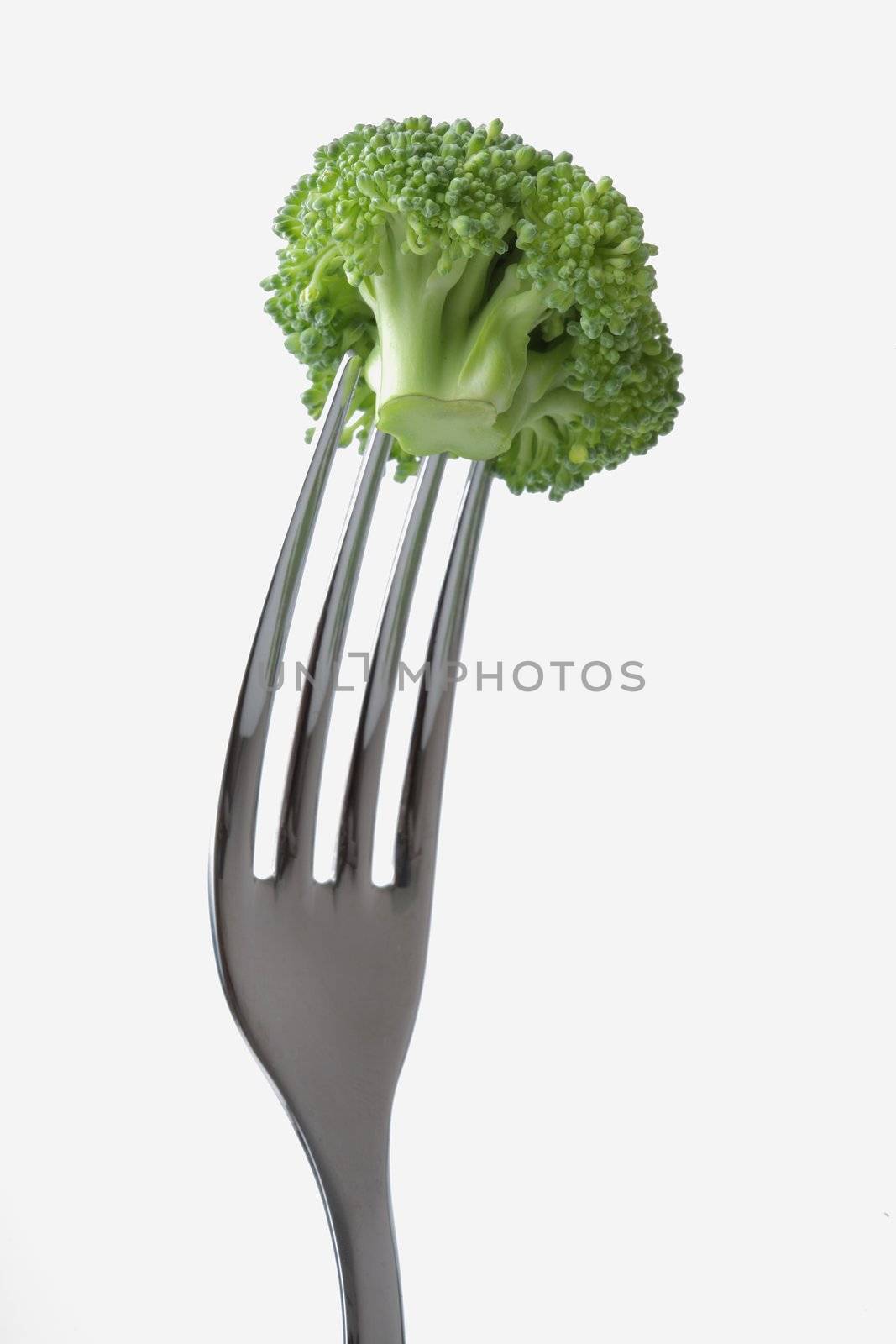 Broccoli on a fork, light grey background