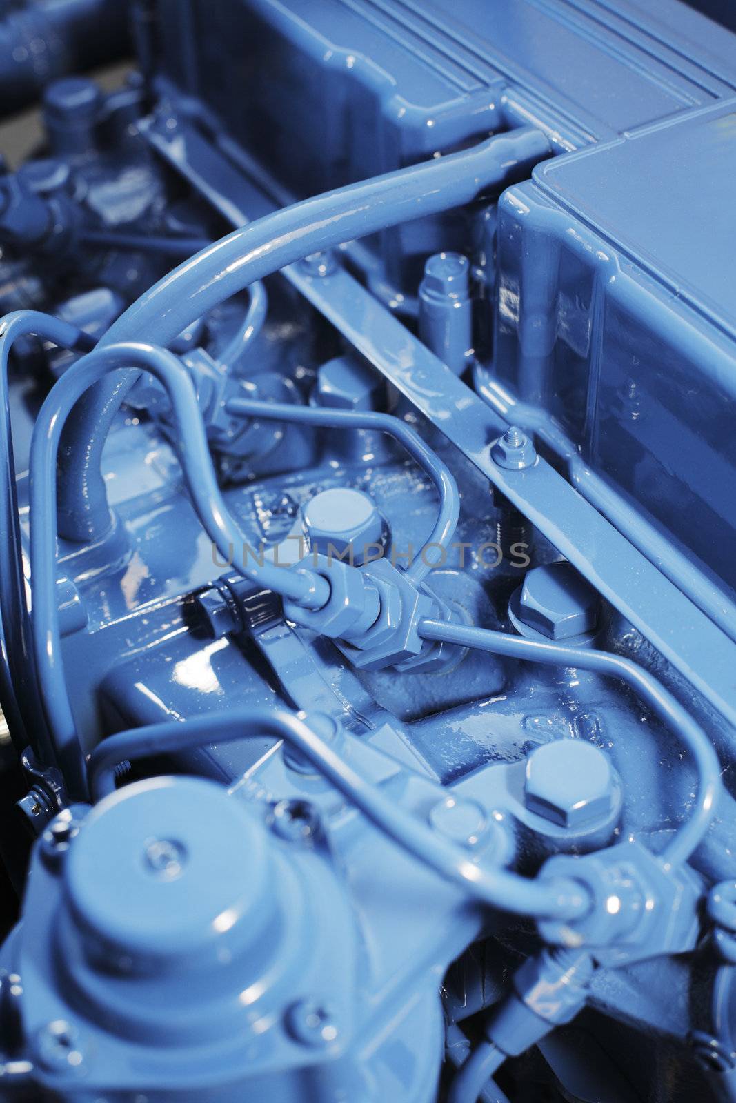 Detail of a new blue 60hp marine diesel engine