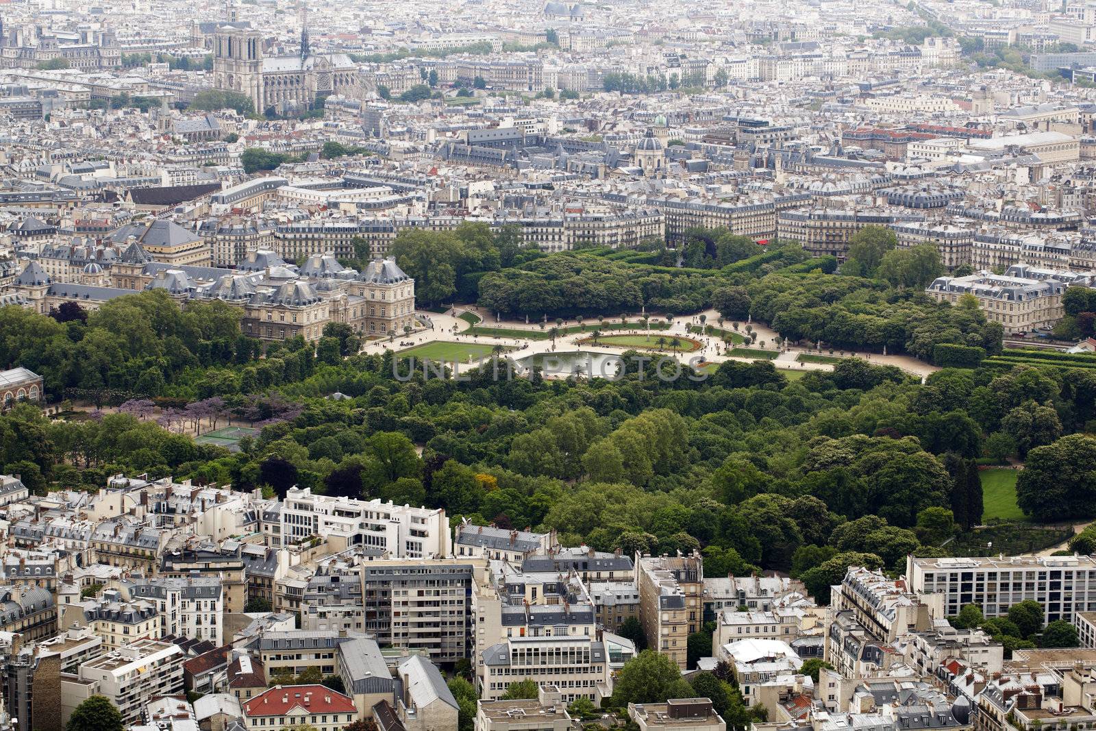 Les Tuileries park and Louvre in Paris, France.