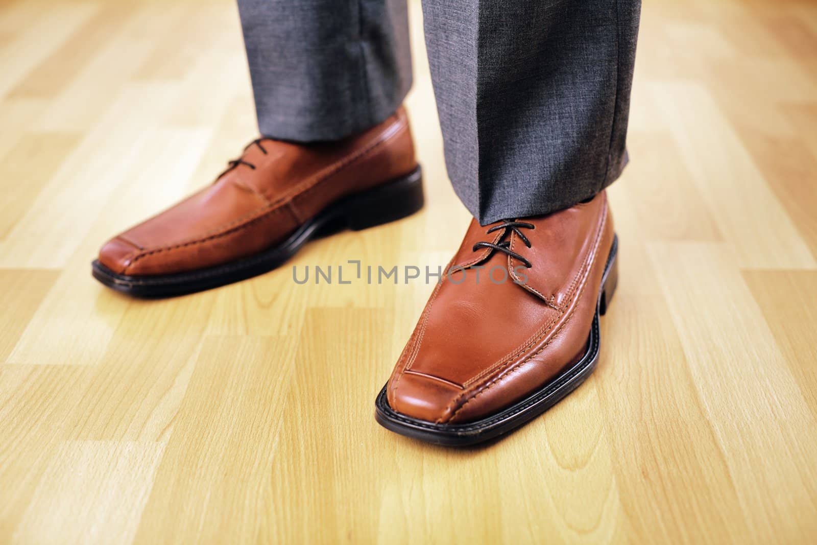 Feet with brown leather shoes. short depth-of-field.
