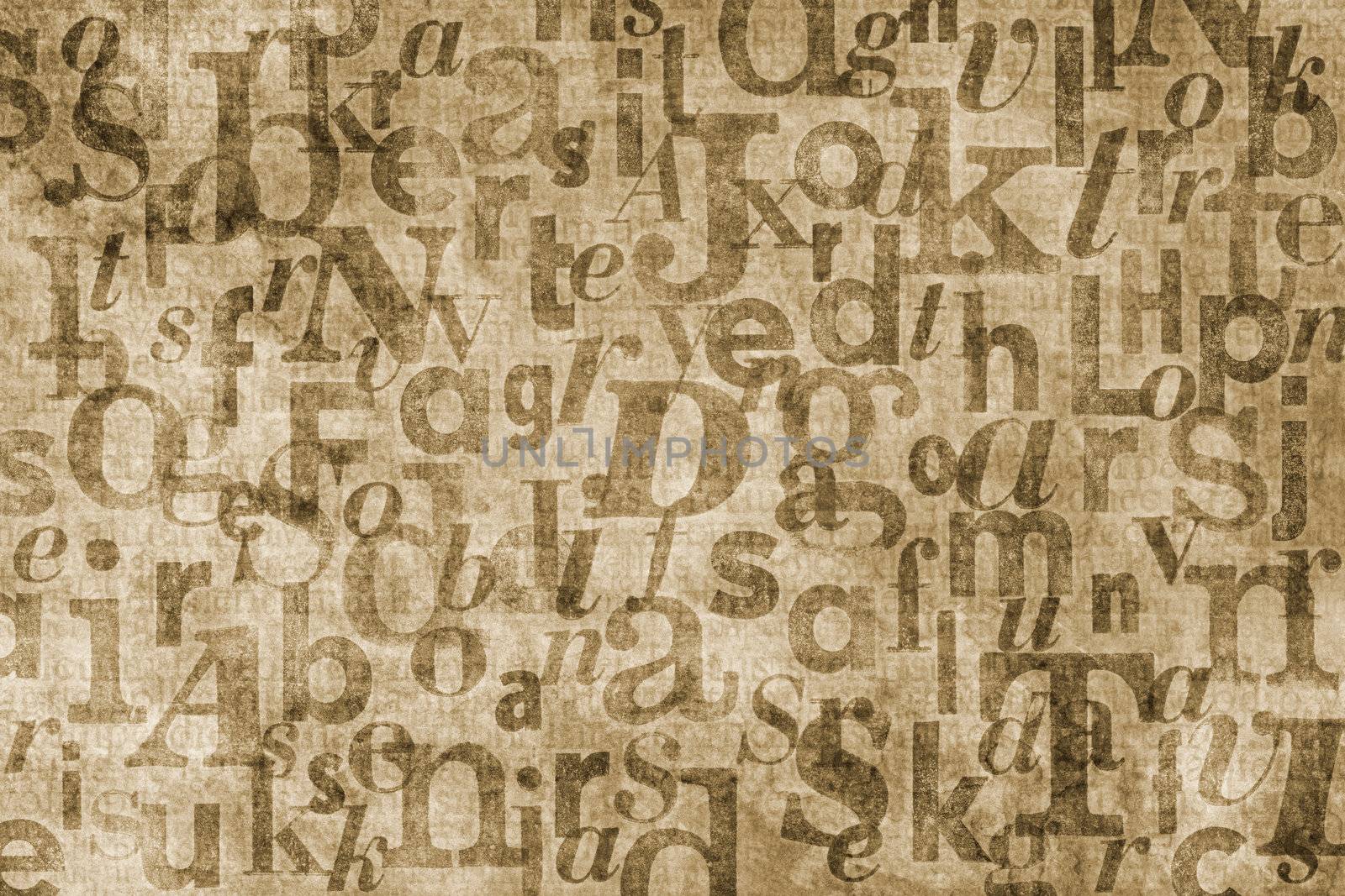 Grainy and gritty background image made of letters from old newspapers superimposed on eachother.
